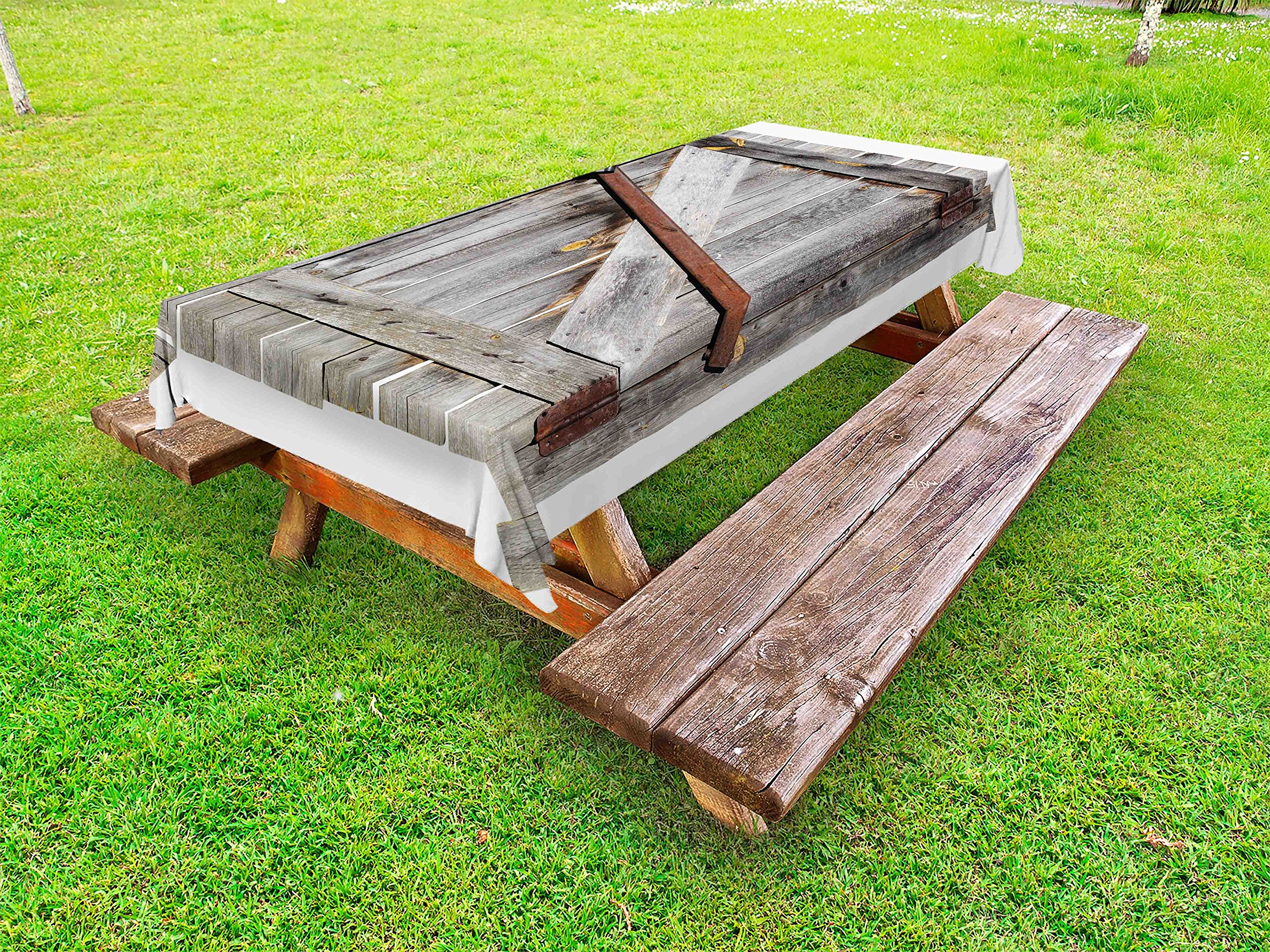 Ambesonne Rustic Outdoor Tablecloth - Vintage Wood Barn Door with Rusty Crossed Locks Design, Washable Picnic Table Cover 58