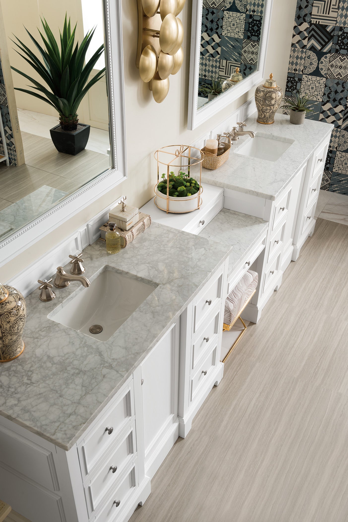 De Soto 118 Double Vanity Set with Makeup Table - Bright White Finish & 3CM Carrara Marble Top | Perfect for Master Bathroom, Guest Bathroom & Beauty Salon Makeup Stations