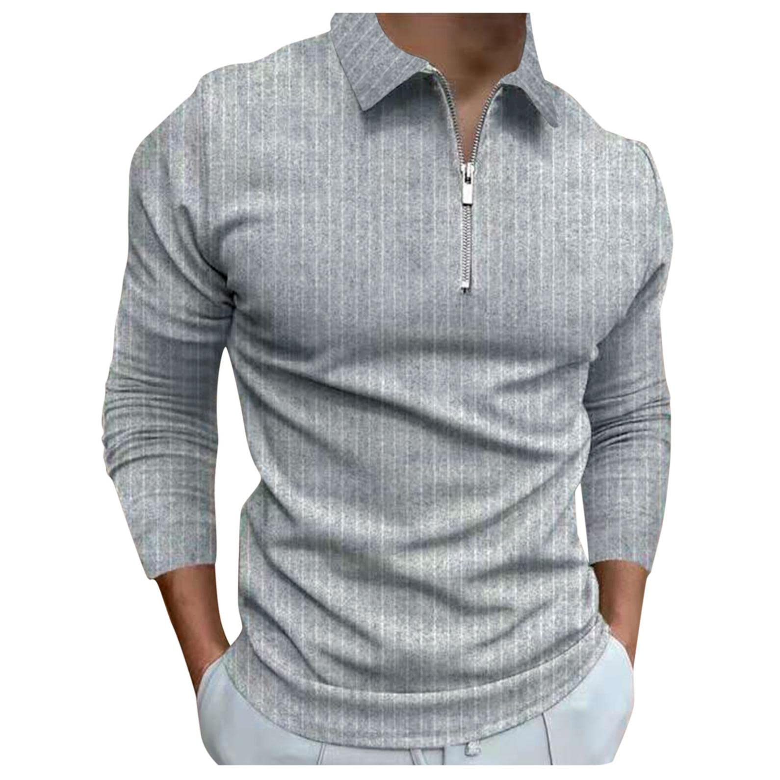 XXBR Men's Polo Shirts - Long Sleeve Golf Shirts with 1/4 Zipper & Striped Print - Big & Tall Muscle Fit Tops for Casual Wear & Sports Activities
