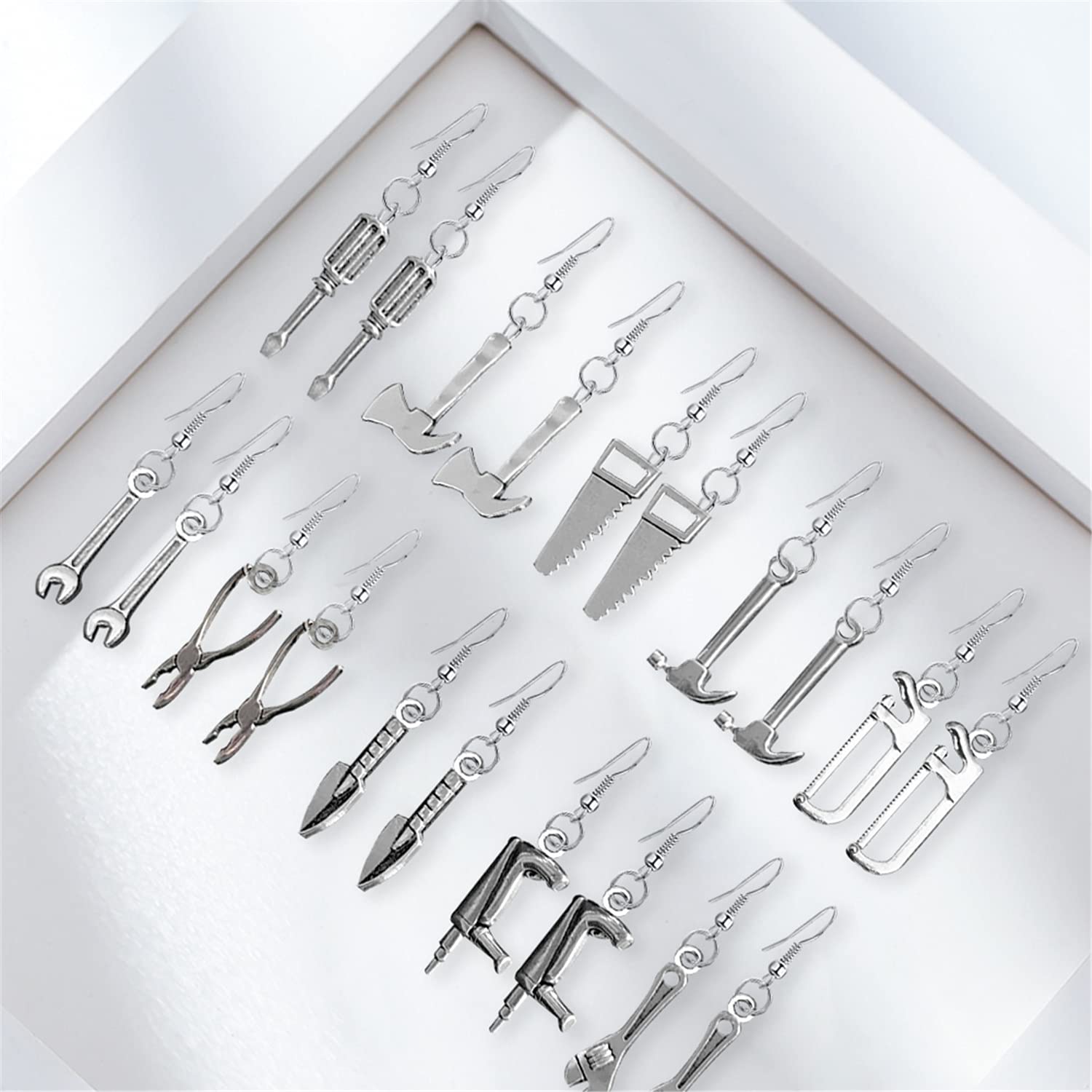 10 Pairs Vintage Silver Tool Axe & Wrench Dangle Earrings - Handmade Lightweight Punk Jewelry for Women | Funky Quirky Drop Earrings for Parties, Concerts & Everyday Wear