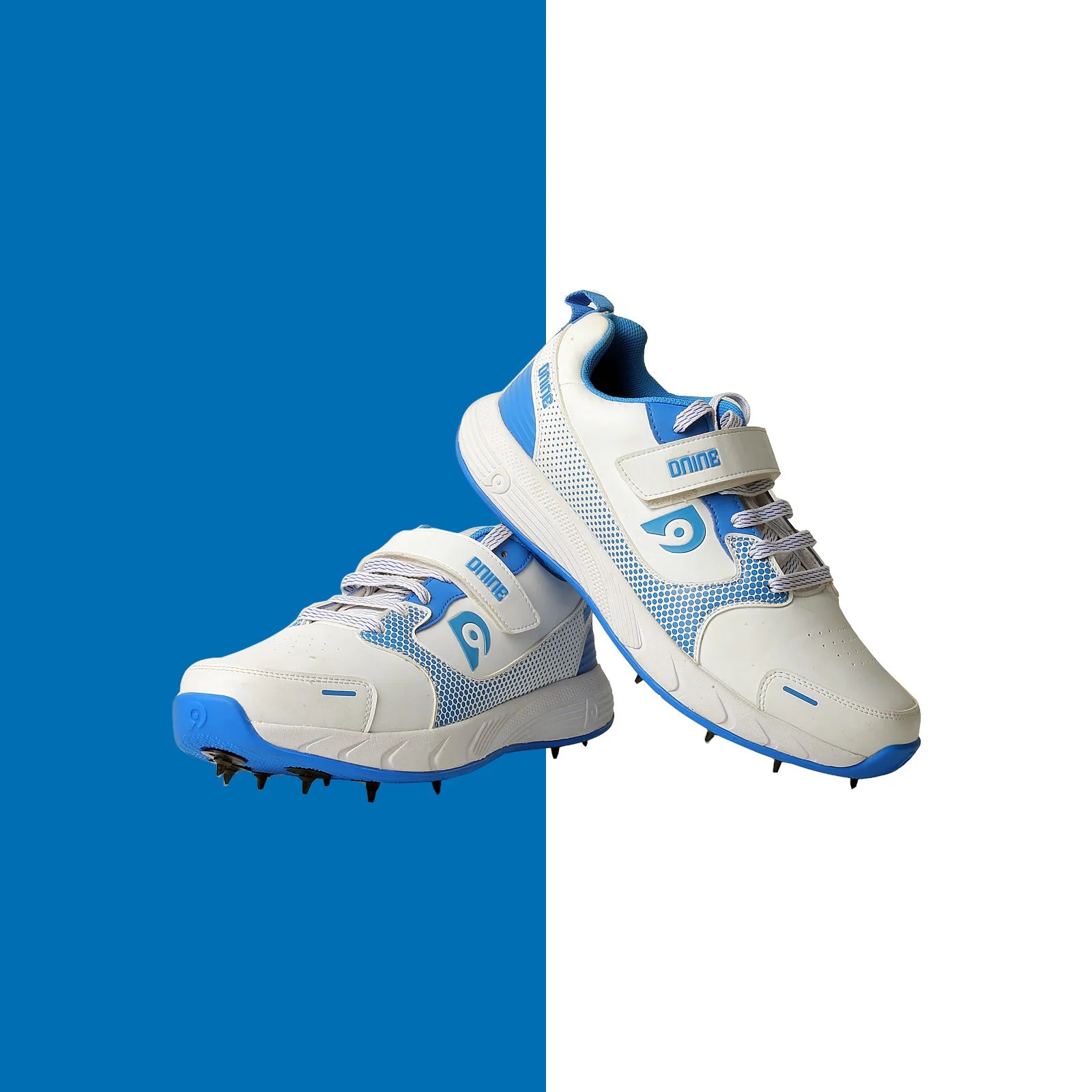DNINE Polyurethane (PU) Force Blue/White Cricket Metal Spike Shoes - Lightweight Performance Footwear for Cricket Players & Sports Enthusiasts - Perfect for Professional Matches & Outdoor Training