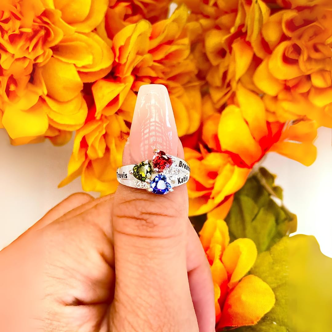 Personalized Mothers Rings with 3 Birthstones & Engraved Names - Sterling Silver or 10K/14K White Gold Custom Jewelry for Women (Sizes 5-12) - Perfect Gift for Mother's Day, Birthday & Anniversary