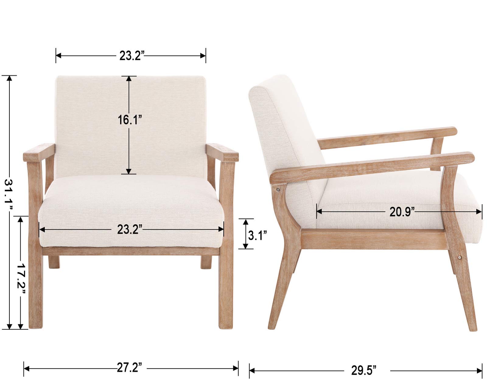 Mid Century Modern Beige Accent Chair - Solid Wood Armchair with Linen Upholstery, Comfortable Sitting Chair for Living Room, Bedroom, Office - Cream Home Decor for Relaxation & Reading Nook