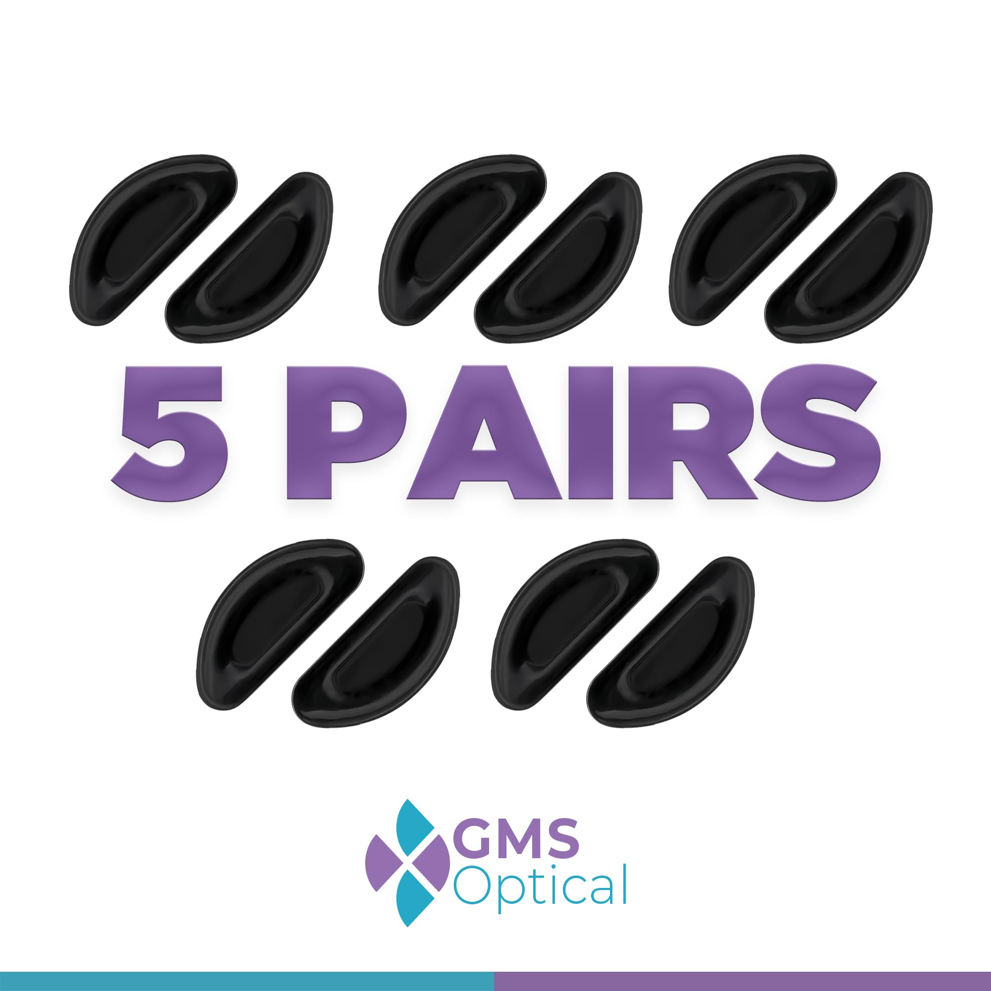 GMS Optical Medium-Thick (2mm) Medium-Length (15mm) Air Cushion Adhesive Nose Pads for Glasses - Anti-Slip, Reduce Pressure & Soreness - Fits Eyeglasses, Sunglasses & Reading Glasses (5 Pairs, Black) - Perfect for All-Day Comfort at Work, Driving & Outdoor Activities