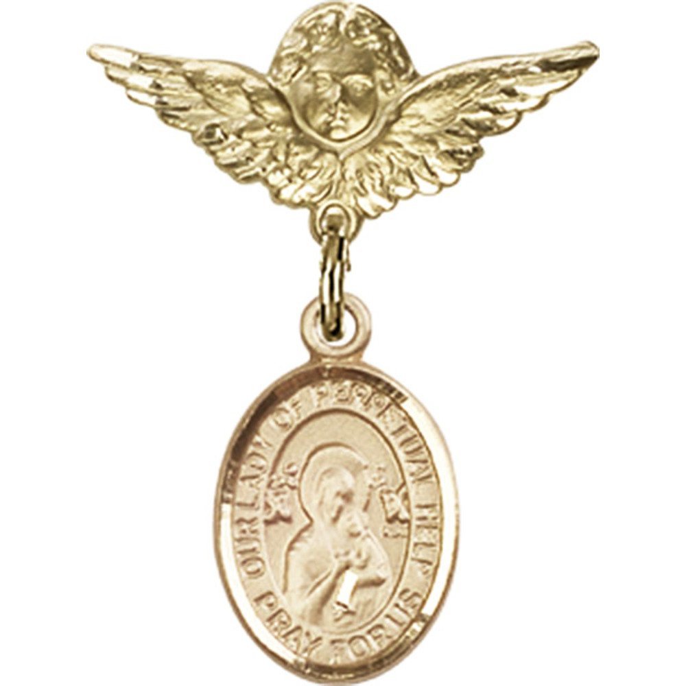 Gold Filled Religious Baby Badge Pin - Our Lady of Perpetual Help Charm & Angel with Wings - 1 x 3/4 Inch - Perfect for Baptism Gifts, Christening Jewelry & Baby Blessings