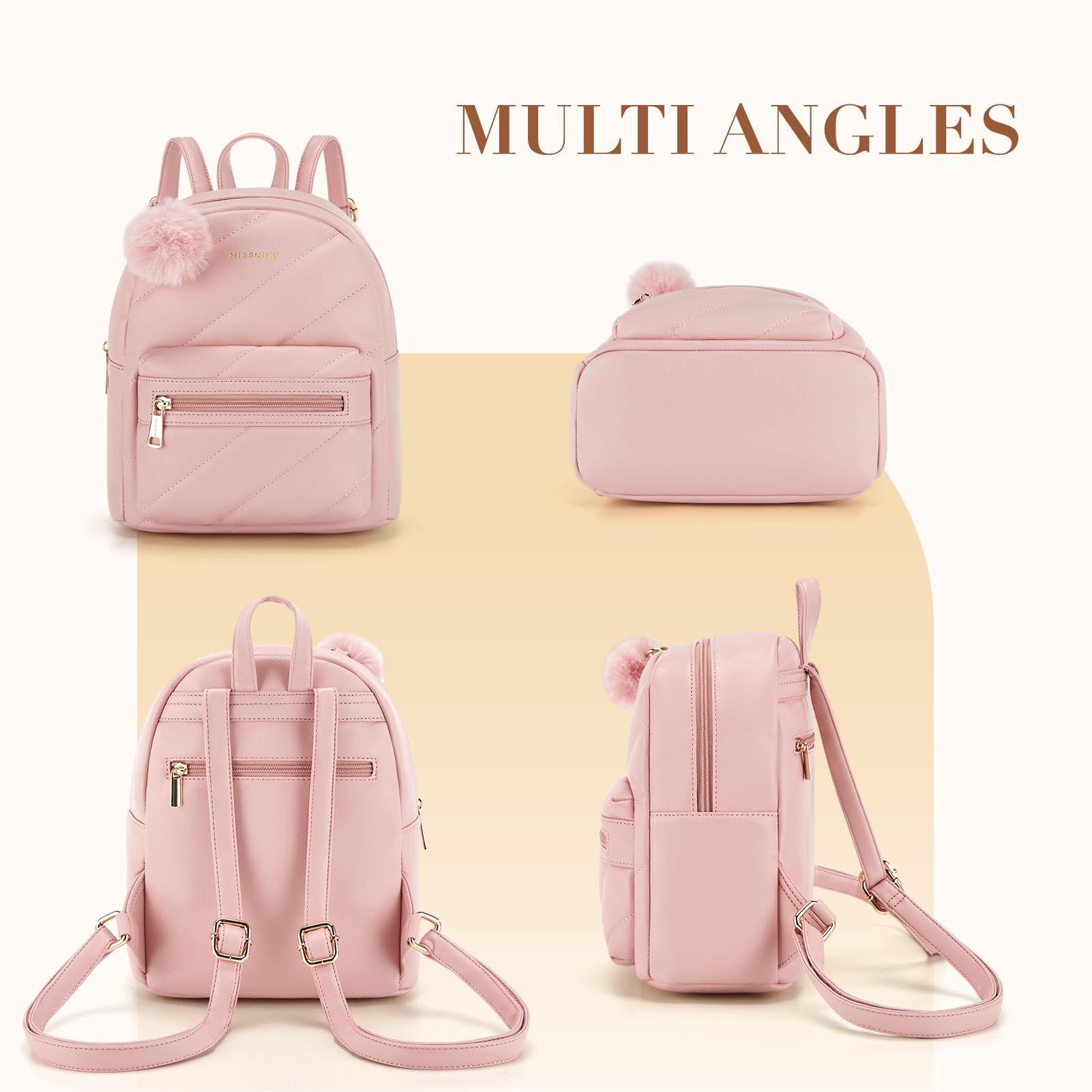 Missnine Mini Backpack for Women - Small PU Leather Quilted Backpack Purse with Cute Pompom, Fashionable Bookbag for Ladies | Perfect for School, Travel, Shopping & Daily Use