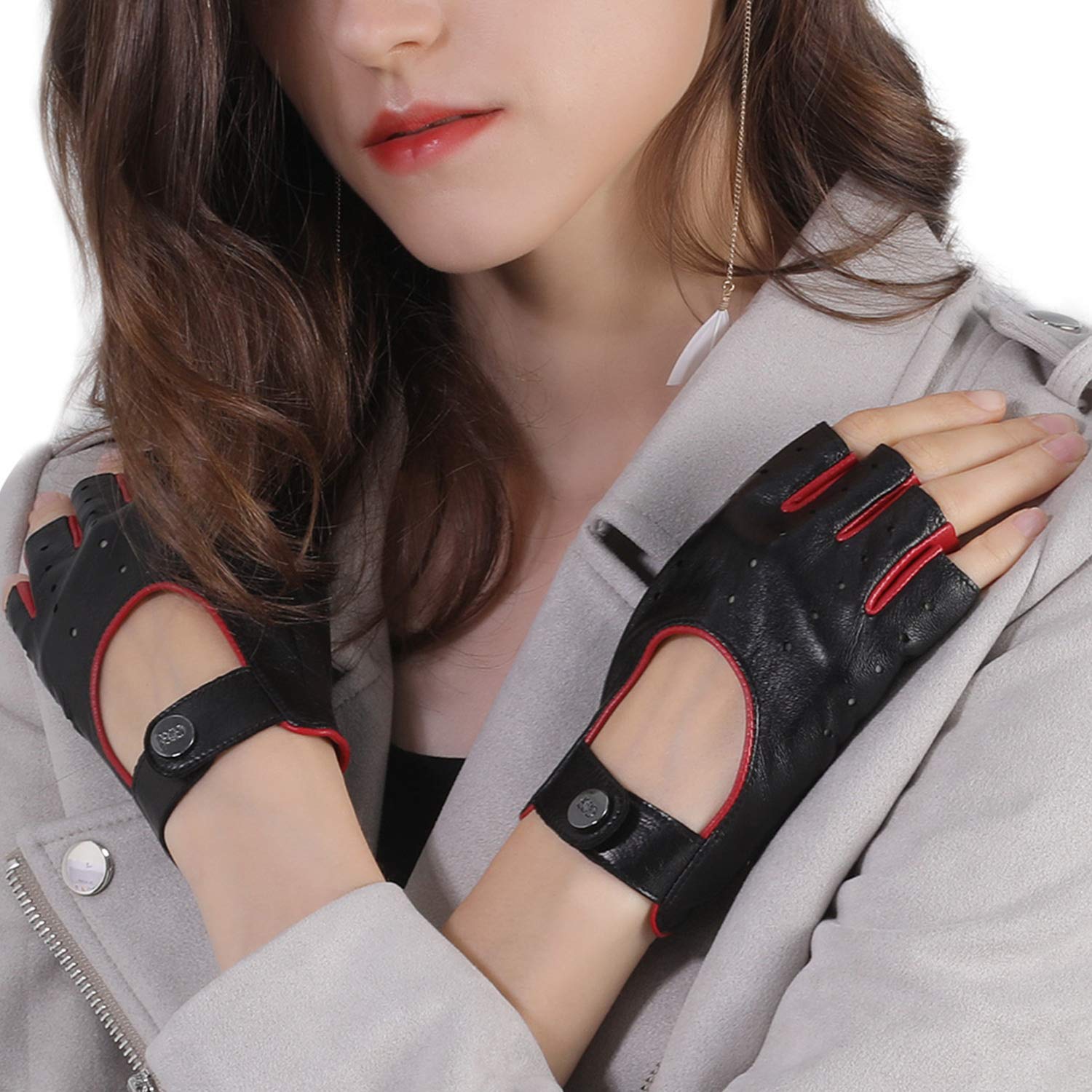 GSG Women's Fingerless Leather Driving Gloves - Genuine Motorcycle Biker Gloves for Women - Half Finger Unlined Gloves for Driving, Riding & Outdoor Activities