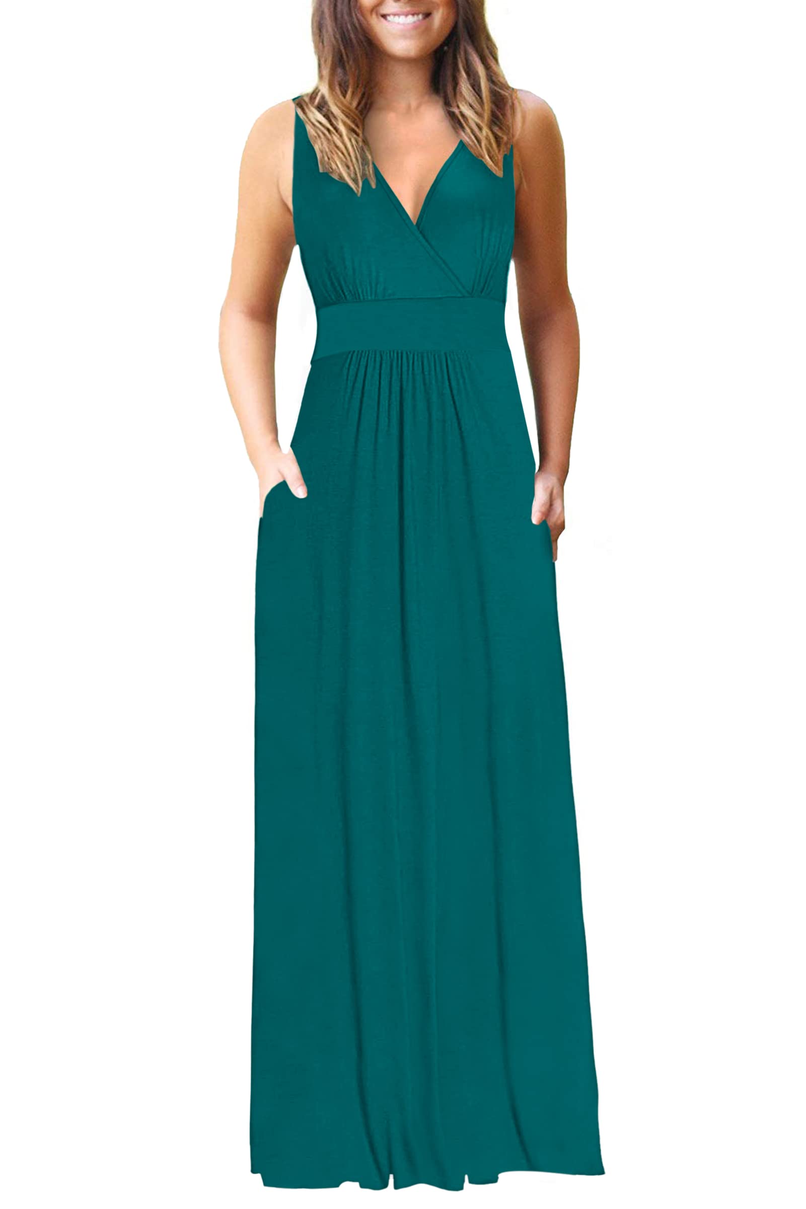 AUSELILY Women's Sleeveless Deep V-Neck Formal Maxi Dress with Pockets - Elegant Plain Cocktail Long Dress for Evening Party, Wedding Guest, Prom & Special Occasions 2025 New