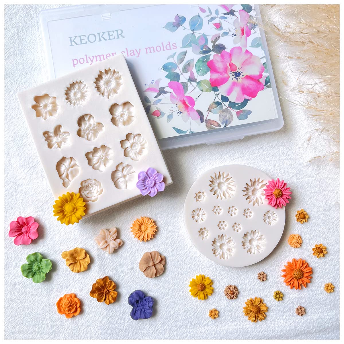 KEOKER Polymer Clay Flower Molds - 2 Pcs Silicone Molds for DIY Jewelry Making, Earrings & Crafts | Medium Floral Cutters for Clay & Resin Art | Perfect for Handmade Earrings, Pendants & Home Decor