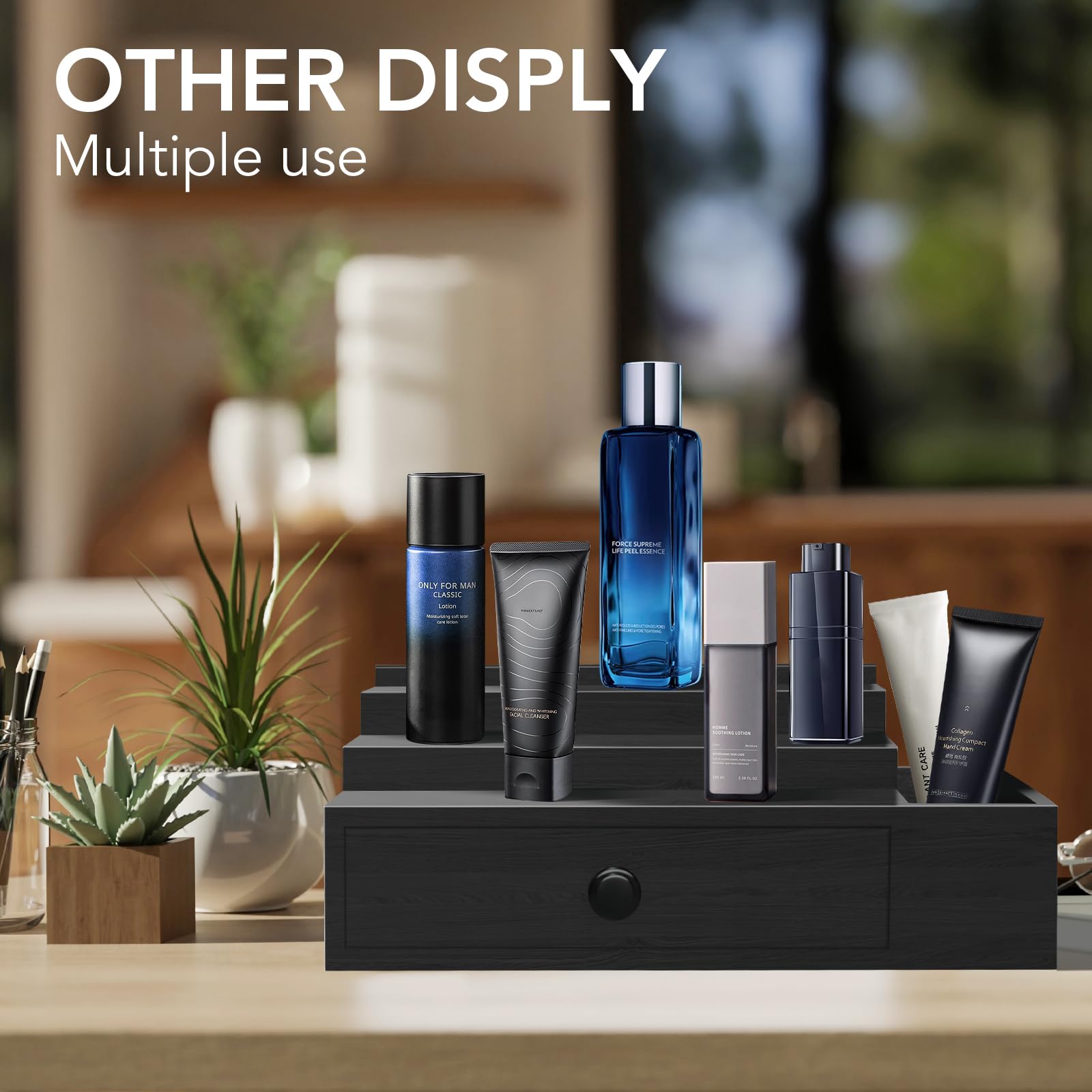 3-Tier Cologne Stand Organizer for Men - Velvet Lined Drawer & Compartments for Watch, Jewelry & Perfume Display | Perfect Gift for Father | Bathroom Countertop & Dresser Organizer for Fragrance Collection