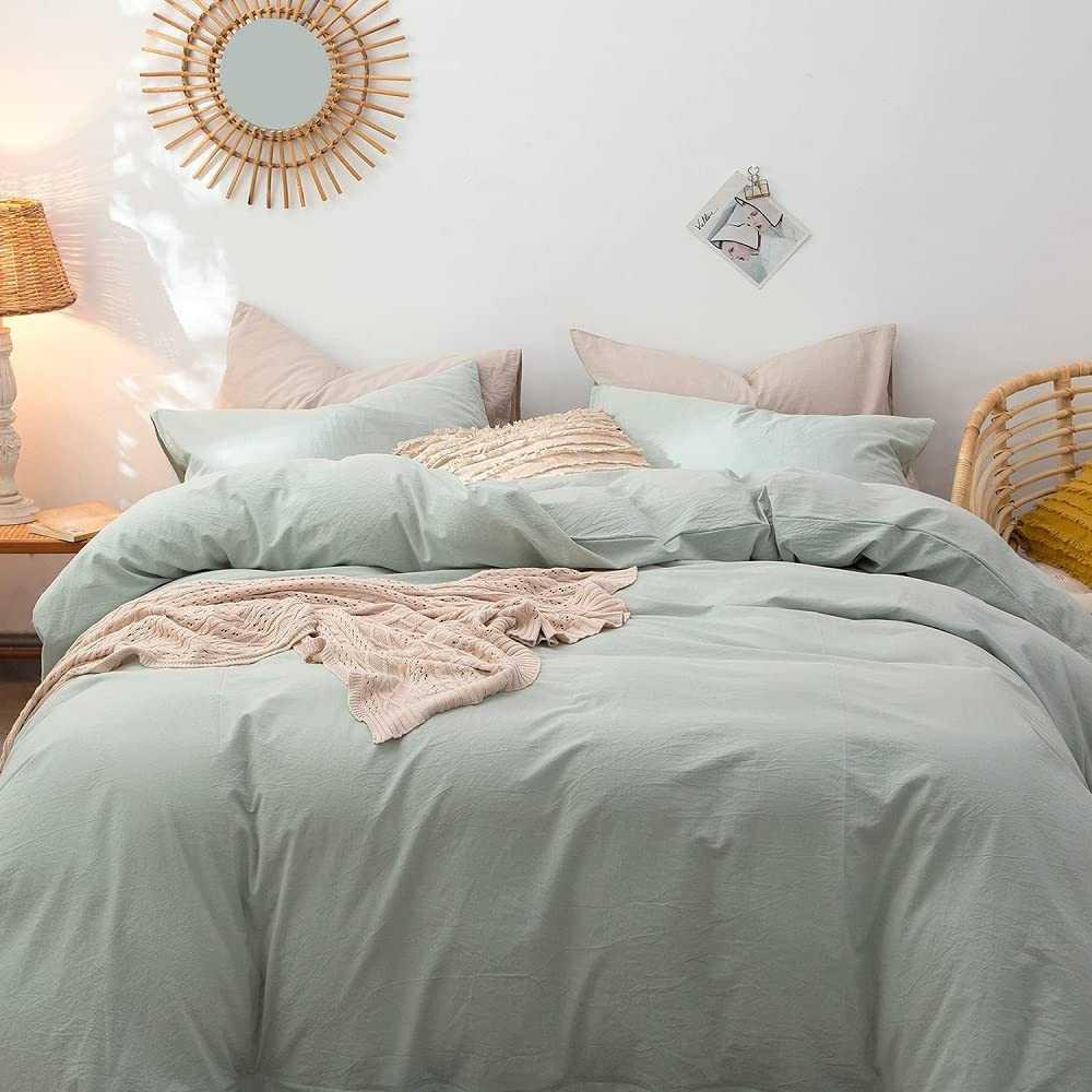 Sage Green Washed Cotton Duvet Cover Set - Boho Style Linen-Like Textured Bedding - Breathable, Durable & Soft Comforter Cover for Queen/King Size - Perfect for Bohemian Bedroom Decor & Cozy Home Styling