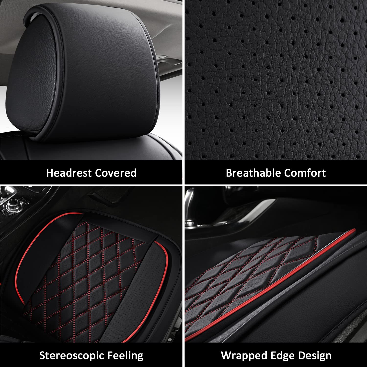 Premium Red Faux Leather Car Seat Covers - Universal Fit for Sedan, SUV & Trucks - Diamond Stitched Auto Interior Protector (Full Set) - Perfect for Daily Commute & Road Trips