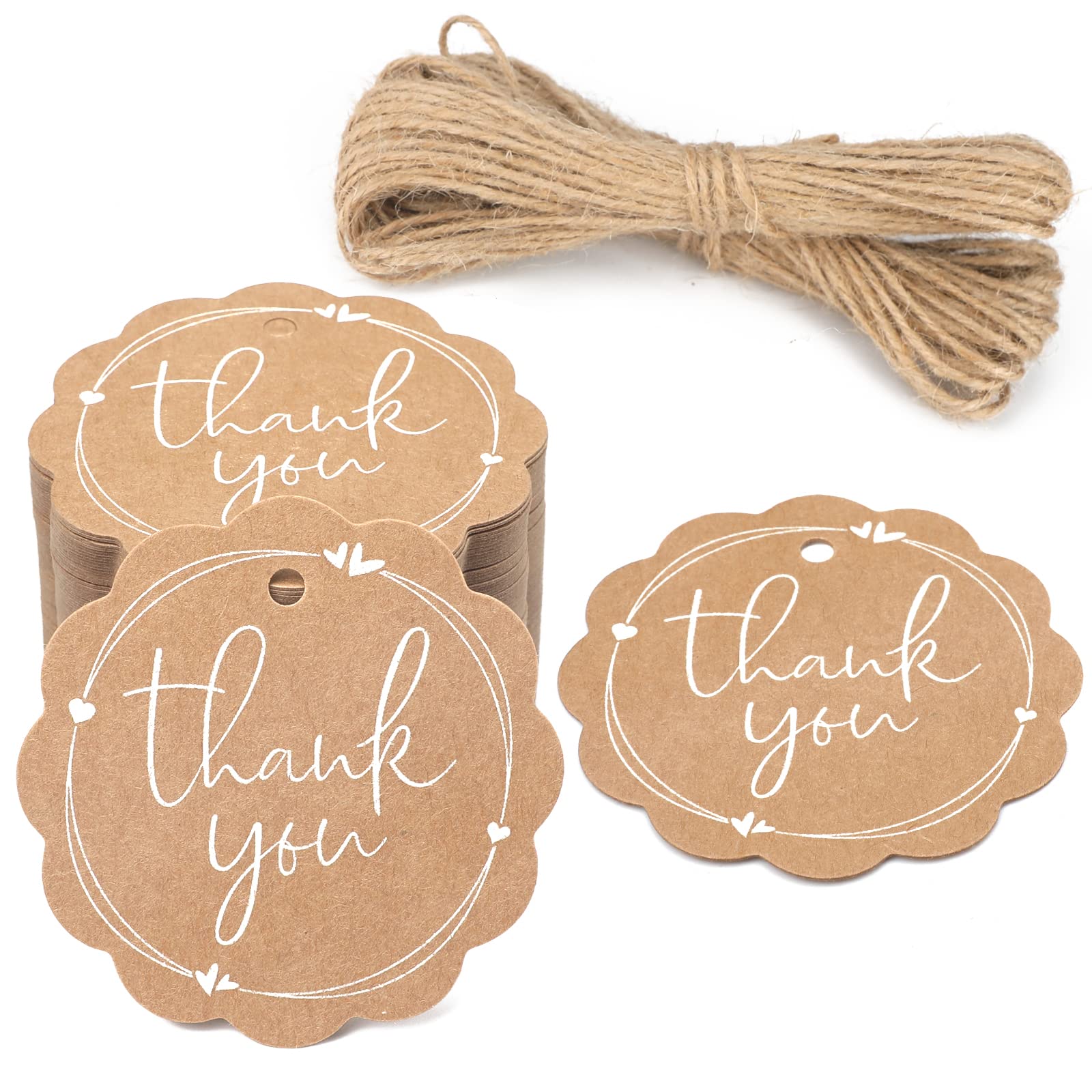100PCS Kraft Scalloped Paper Gift Tags with String - Thank You Tags for Birthday Party, Wedding, Baby Shower & Holiday Gifts - Perfect for DIY Crafts, Gift Wrapping, Party Decorations and Handmade Card Making