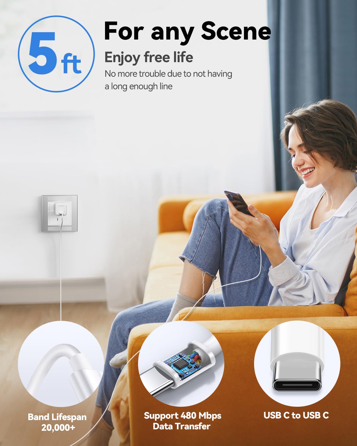 TECKNET 30W USB C Fast Charger Block, Mini Foldable Plug PD Wall Charger with 5FT Type-C Cable - Compatible with iPhone 15/16 Series, Pixel, Galaxy, iPad - Perfect for Travel, Office & Home Charging