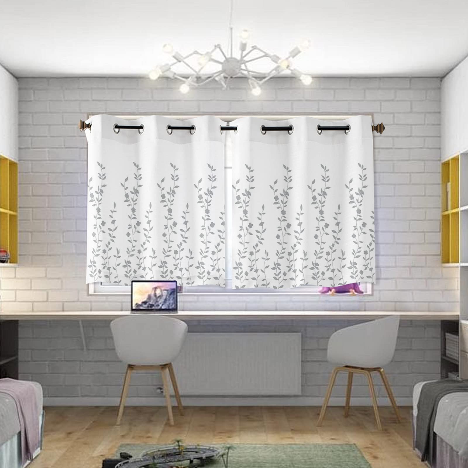 White Grey Floral Window Curtains 45 Inch Length - 2 Panel Grommet Kitchen Cafe Drapes for Living Room, Bedroom & Laundry Room | Summer Flower Plant Design Window Treatment for Home Decor