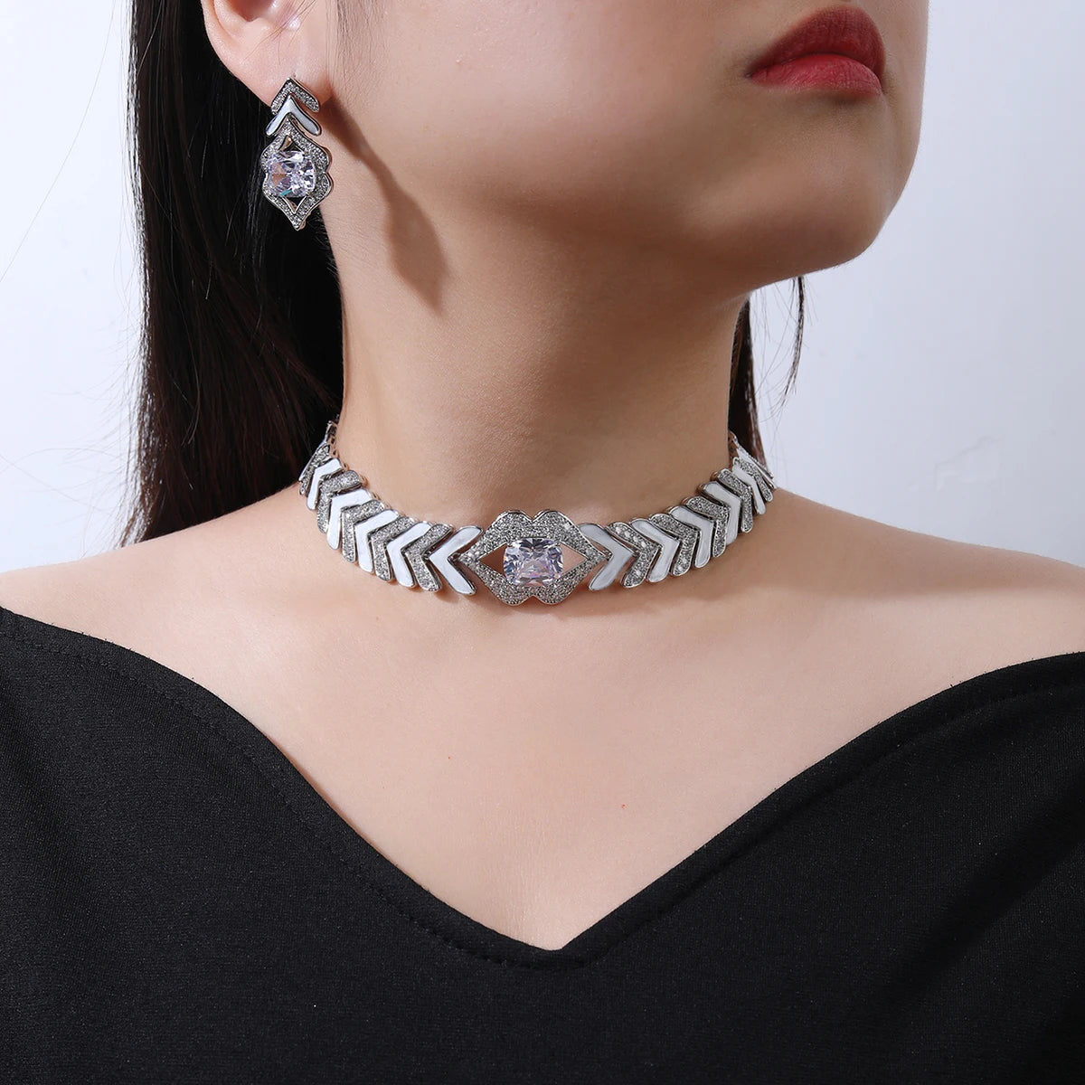 Cubic Zirconia White Enameled Lip Choker Necklace & Earrings Set for Women - Elegant Party Costume Jewelry Gift (CN11336) - Perfect for Prom, Halloween, and Special Occasions