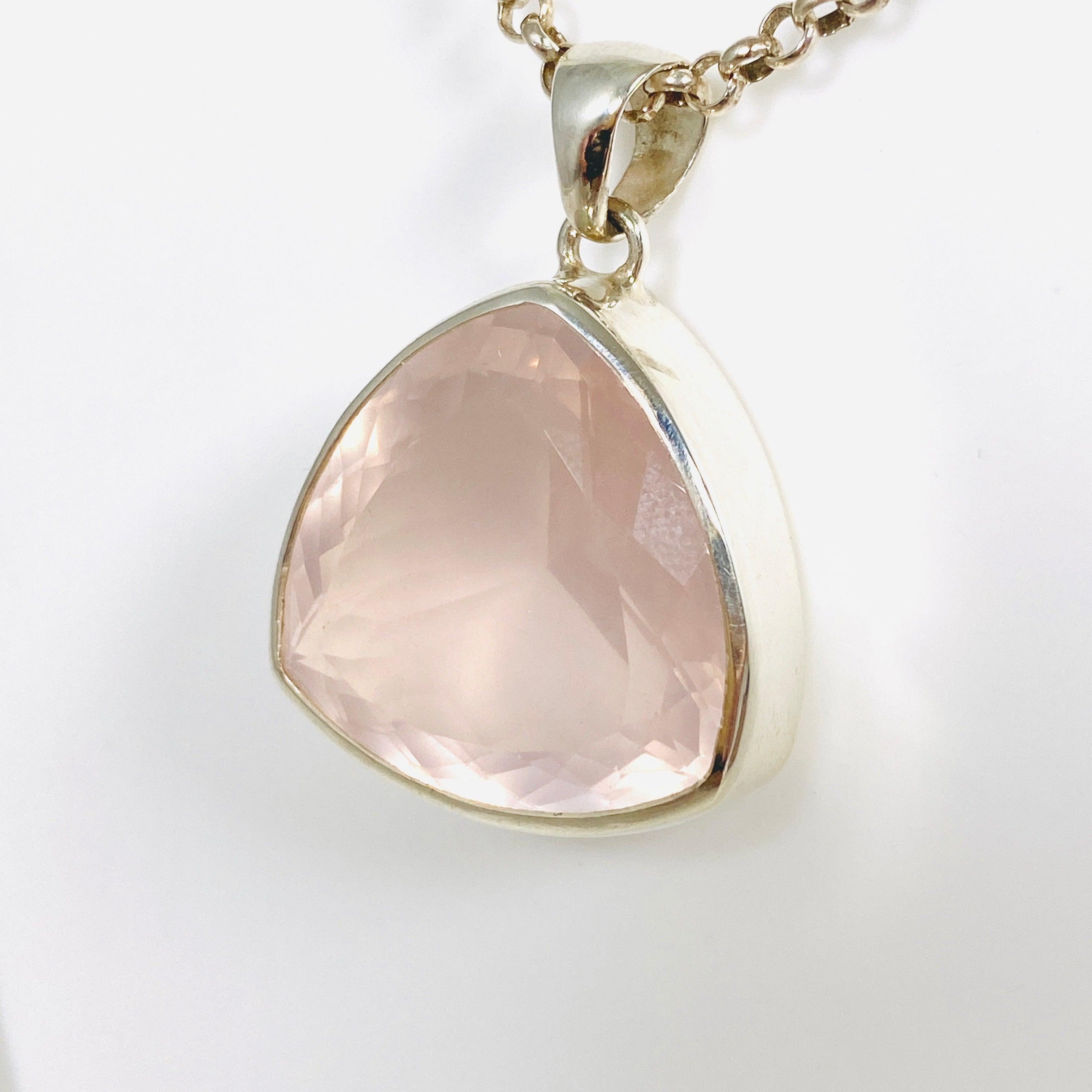 Rose Quartz Faceted Triangular Pendant Necklace KPGJ3995 - Elegant Healing Crystal Jewelry for Women, Meditation & Spiritual Gifts