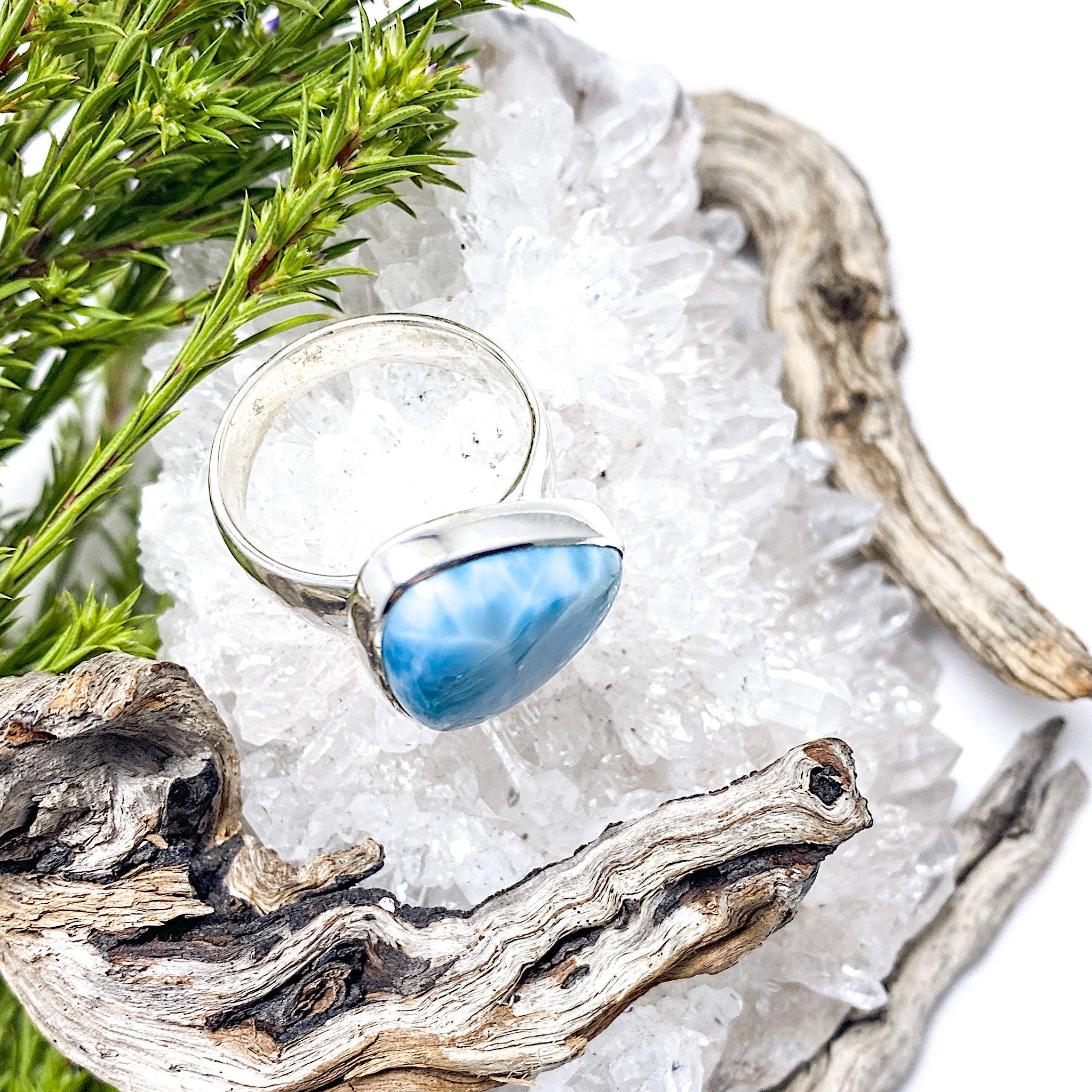 Larimar Sterling Silver Cabochon Ring Size 9 - Handmade Gemstone Jewelry for Women, Perfect for Gifts, Weddings & Everyday Wear KRGJ1396