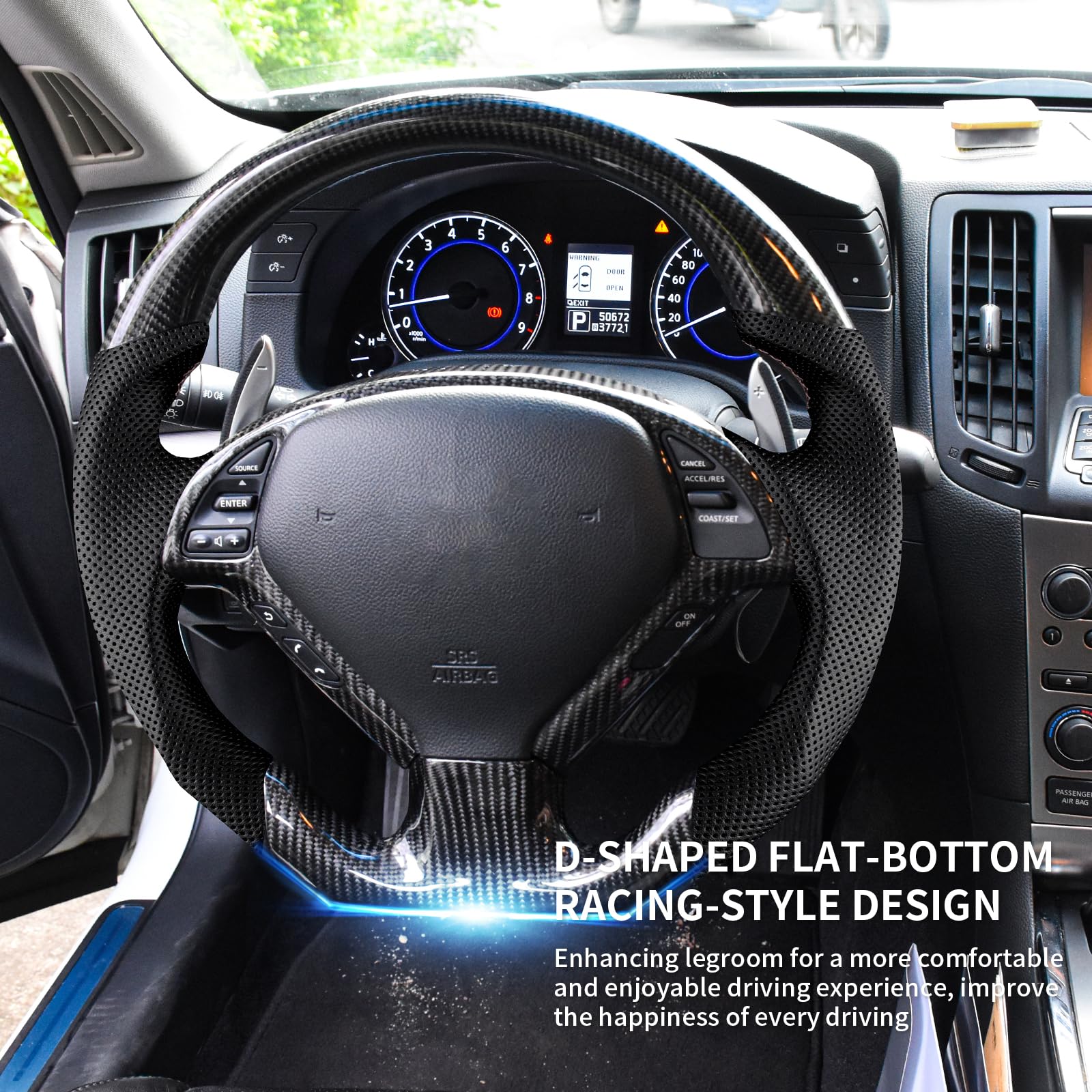Carbon Fiber Steering Wheel for Infiniti G37 & G37X (2007-2013) - D-Shaped Flat Bottom Design with Nappa Perforated Leather Grip & Replacement Trim | Premium Upgrade for Sporty Driving & Interior Enhancement