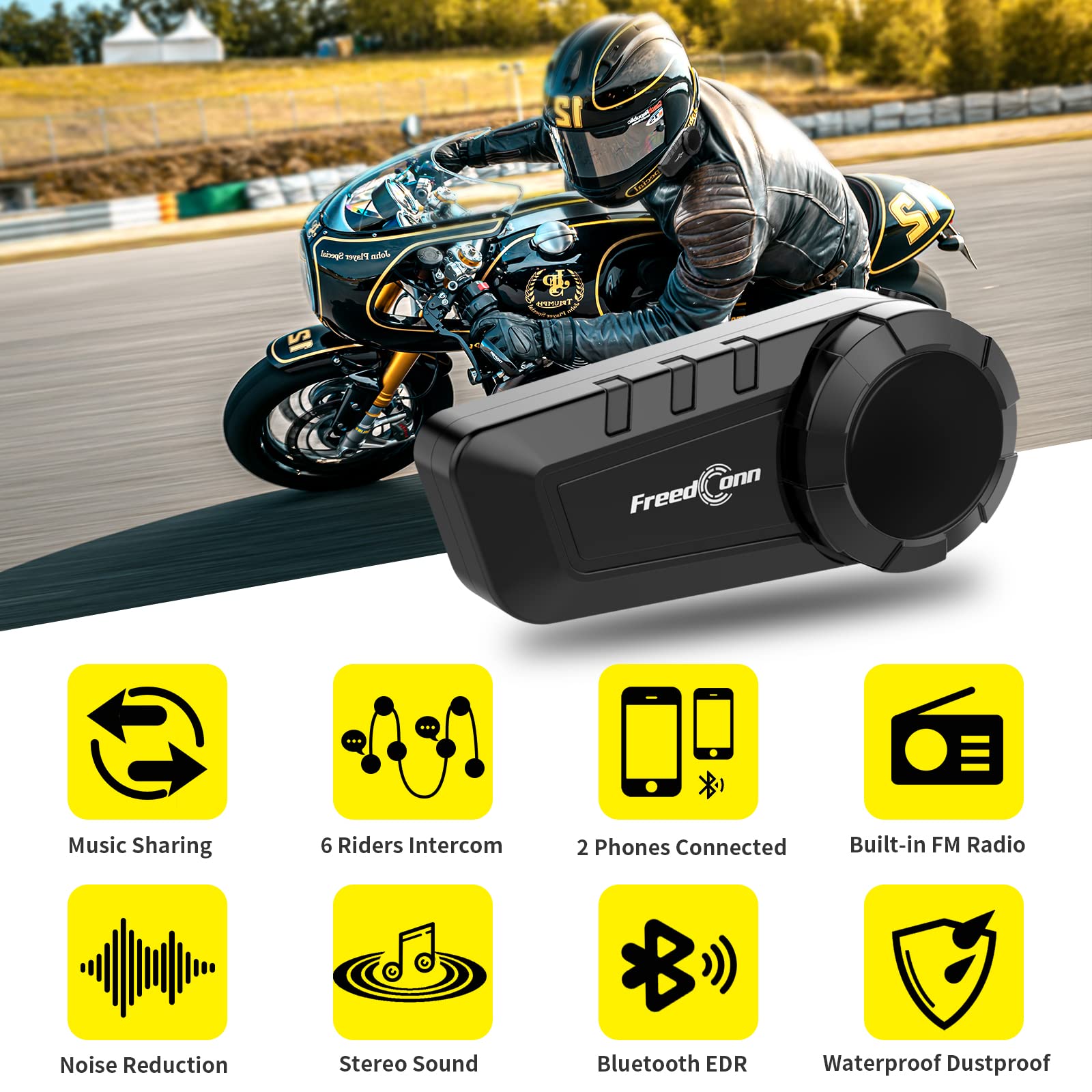 FreedConn KY PRO Motorcycle Bluetooth Headset - Bluetooth 5.0 Helmet Communication System for 6 Riders, 1200m Range, with GPS, HD Speakers, Noise-Canceling Mic, Stereo Music & Waterproof - Perfect for Group Riding, Touring & Adventure Motorcycles
