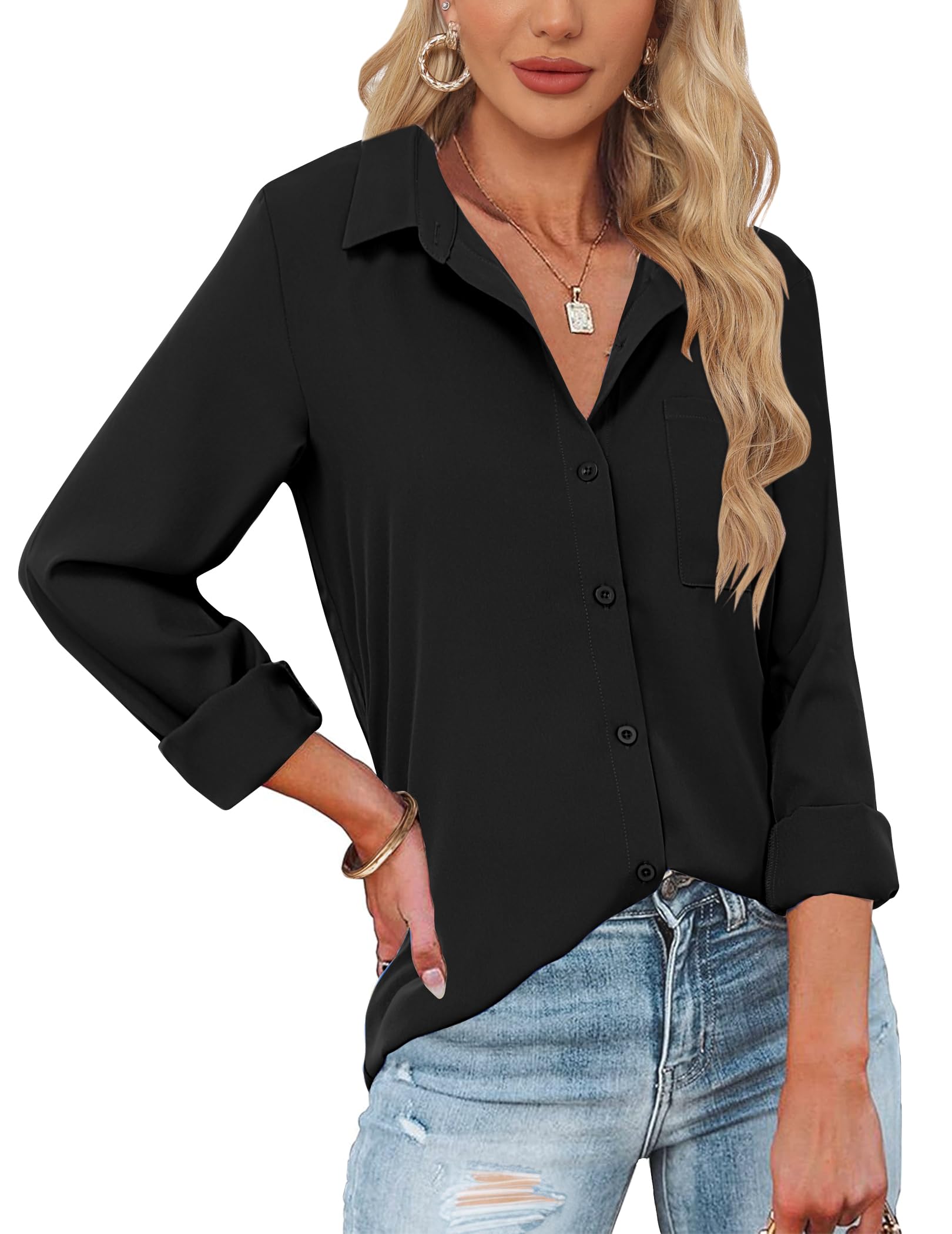 Hotouch Women's Long Sleeve Button Down Shirt - V Neck Collared Office Blouse with Pocket for Work, Casual & Business Attire | Perfect for Office, Meetings & Professional Events