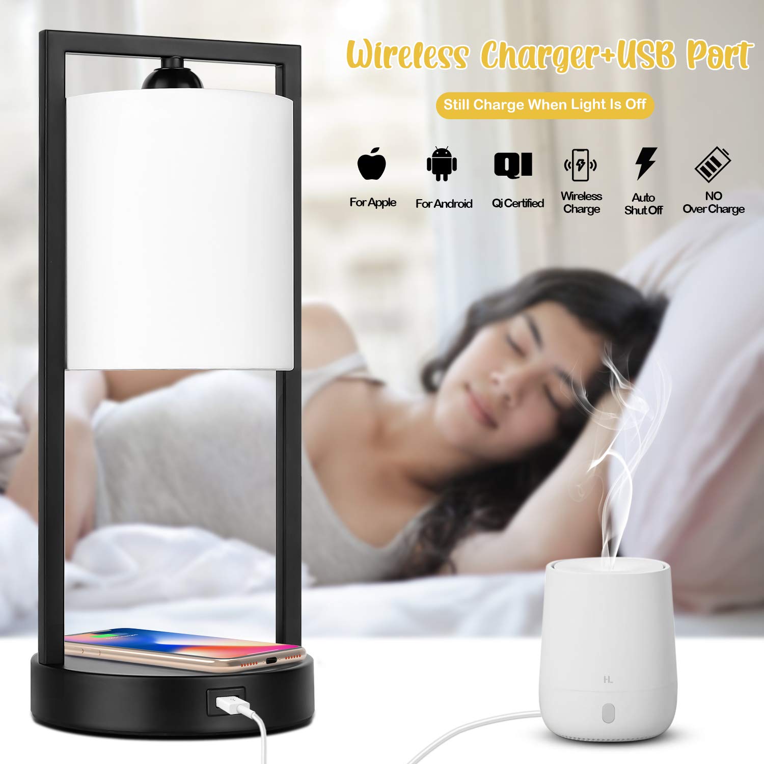 TOBUSA Wireless Charging Touch Control Table Lamps - Set of 2, Modern Dimmable Bedside Nightstand Lamps with White Fabric Shade, E26 Bulbs Included - Perfect for Bedroom, Living Room & Office (Warm White Lighting, Convenient Phone Charging)