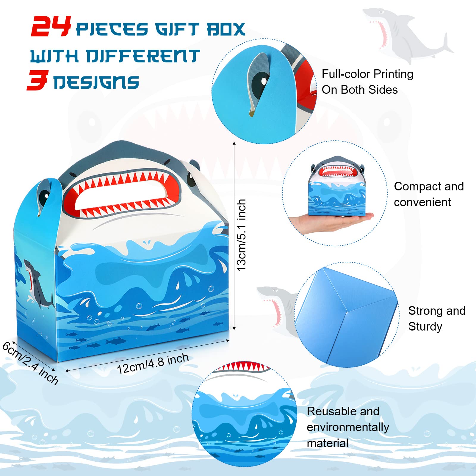 24 Pack Shark Party Favor Boxes 4.8x2.4x2.76 Inch - Mini Gable Goodie Bags for Candy, Ocean Theme Party Supplies - Perfect for Kids Birthday, Baby Shower, Beach & Pool Party Decorations (Blue)