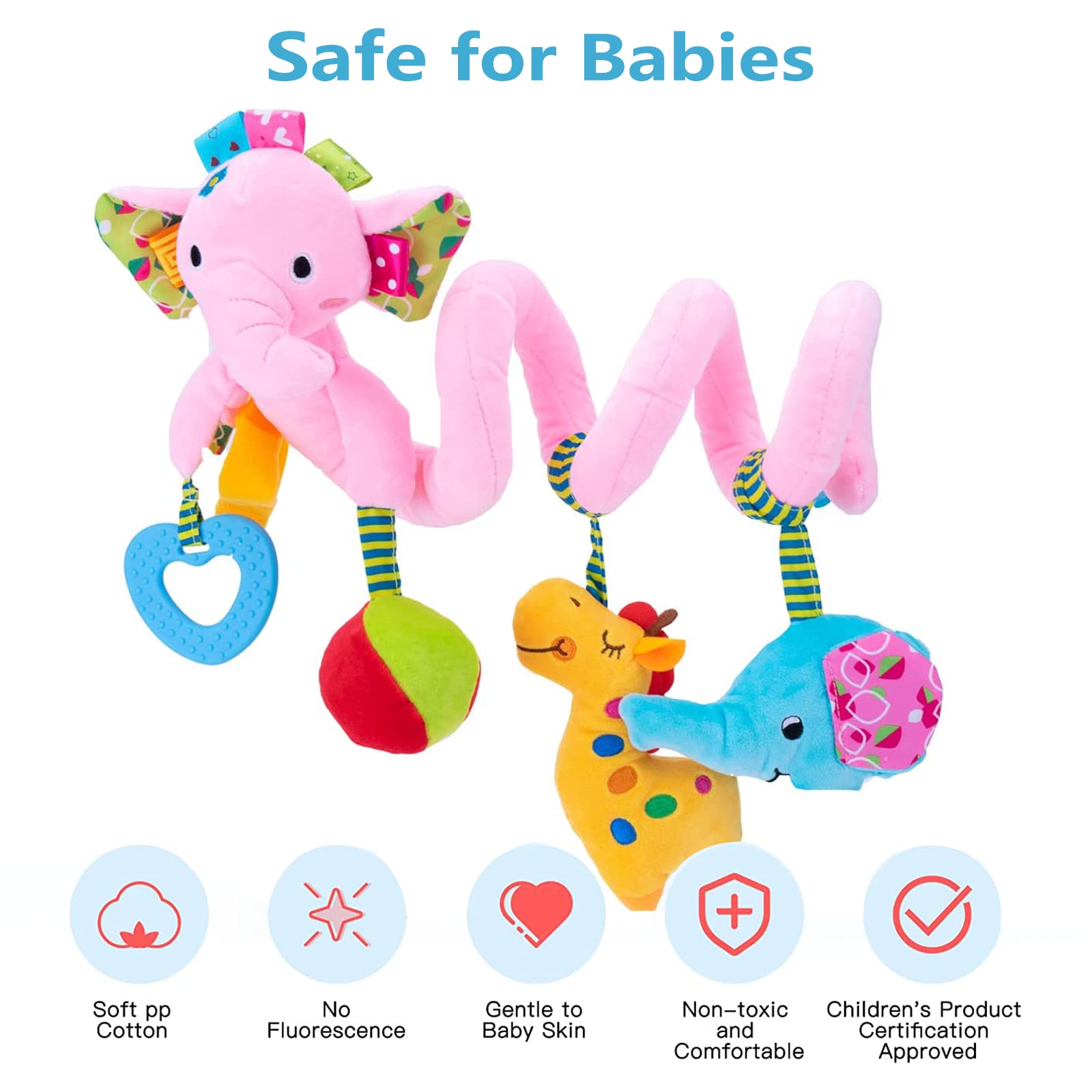 Baby Car Seat Toys 0-6 Months - Spiral Stroller Toys for Newborns 0-3 Months, Hanging Activity Toys for Infant Car Seat, Stroller, Crib & Bassinet - Soft Pink Elephant Design - Perfect for Travel, Playtime & Sensory Development