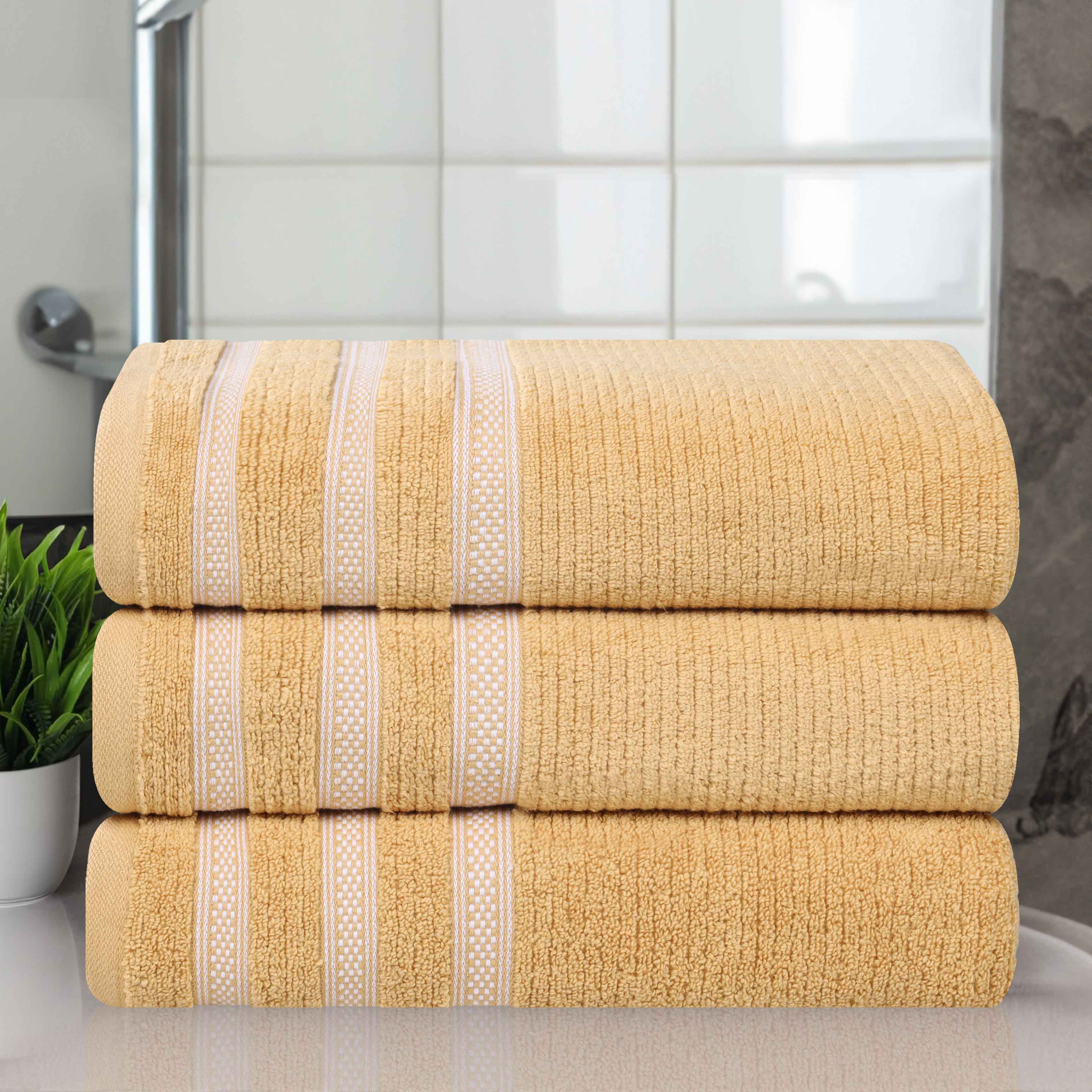 Premium Zero Twist Cotton Ribbed Geometric Border Plush Bath Towel Set of 3 - Ultra Soft & Absorbent, Luxury Spa & Bathroom Essentials for Home, Hotel, Gym