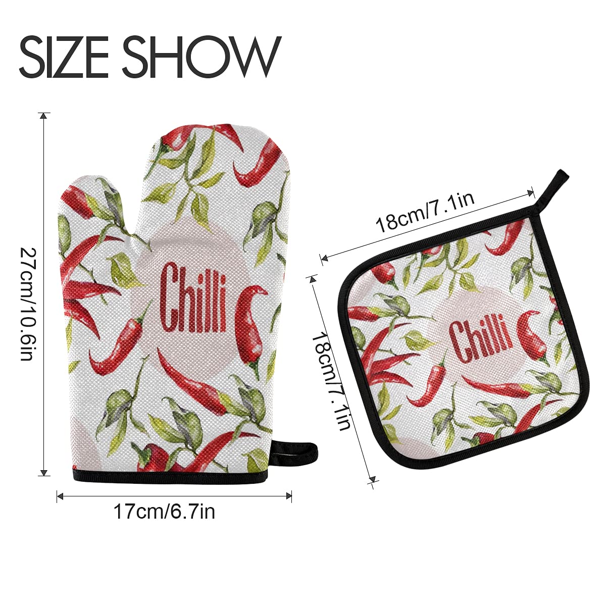 Bright Chili Pepper Oven Mitts and Pot Holders Set - 2-Piece Heat Resistant Kitchen Gloves & Trivet Mats for Baking, BBQ, Cooking - Non-Slip Farmhouse Style Home Decor (Perfect for Farmhouse Kitchens, Holiday Cooking & Gift Giving)