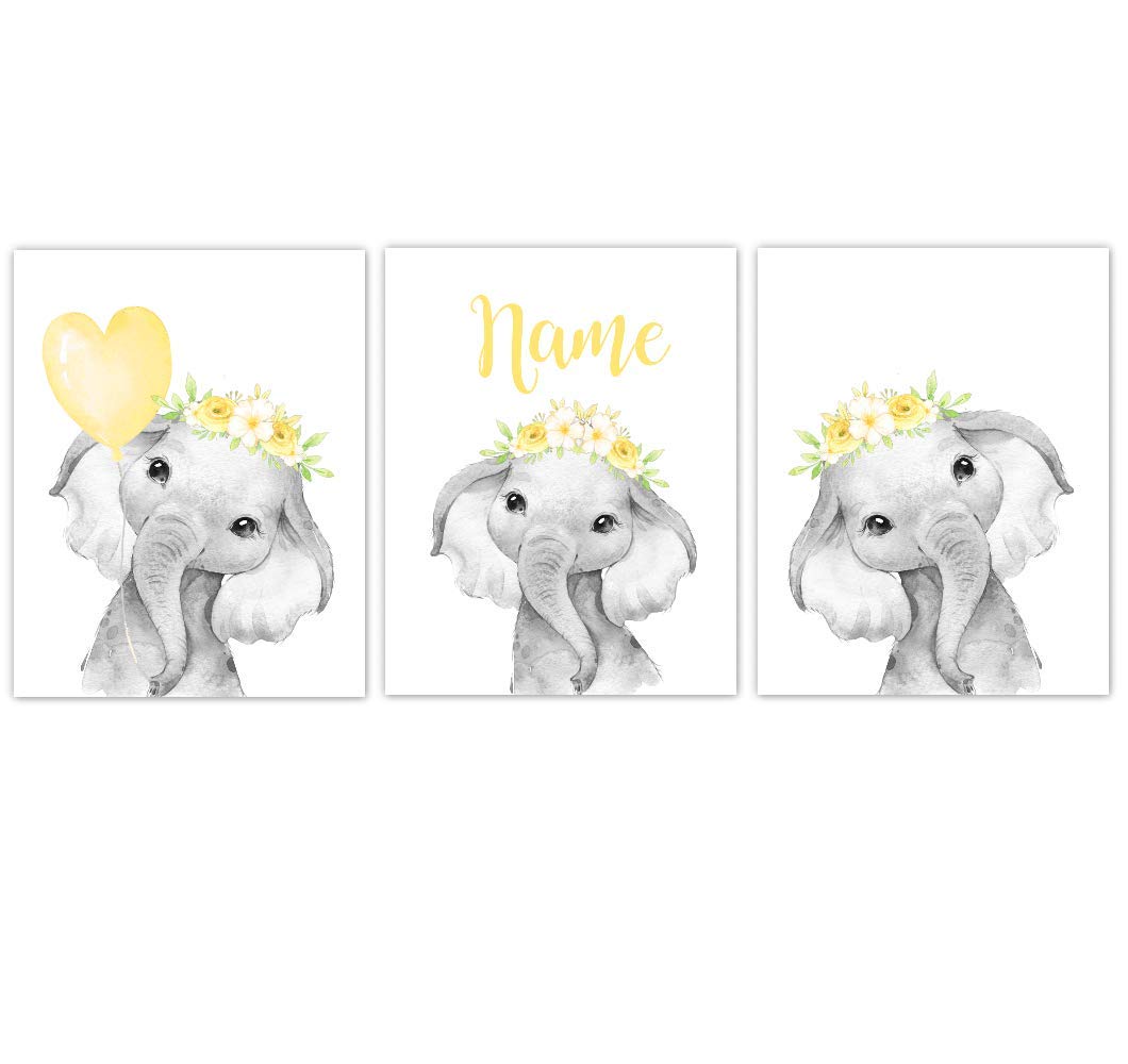 Personalized Watercolor Floral Crown Elephant Nursery Wall Art - 3 Unframed Prints for Baby Girl Room Decor | Gender Neutral Nursery, Kids Bedroom & Baby Shower Gift
