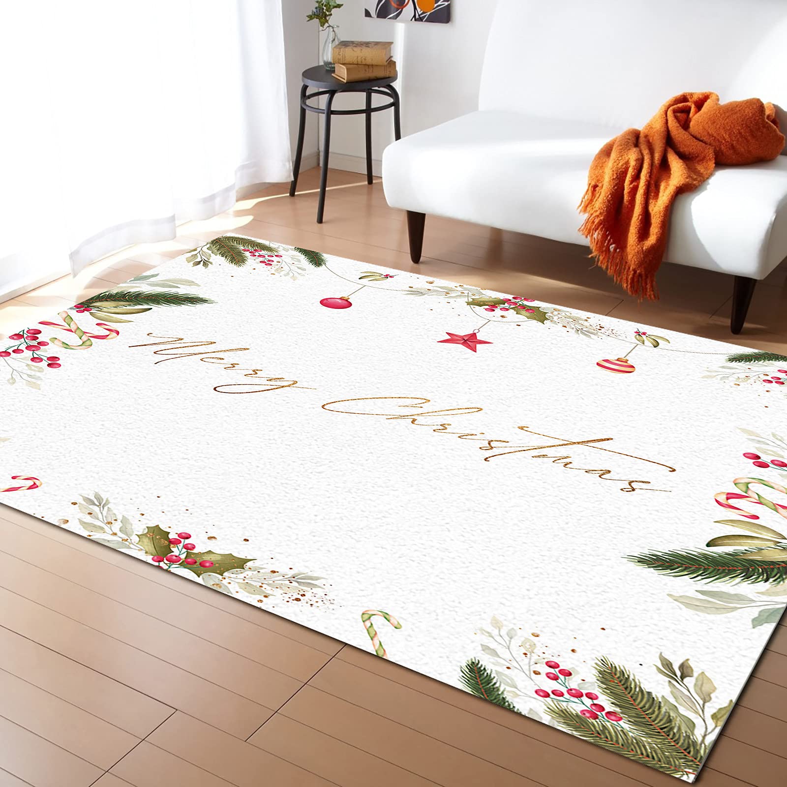Christmas Leaf Non-Slip Indoor Area Rug with Pentagram Bells Design - 3'x5' Green Plant Pattern Kitchen Runner, Bathroom Mat for Bedroom, Living Room & Kids Room - Cozy Holiday Decor & Home Accent