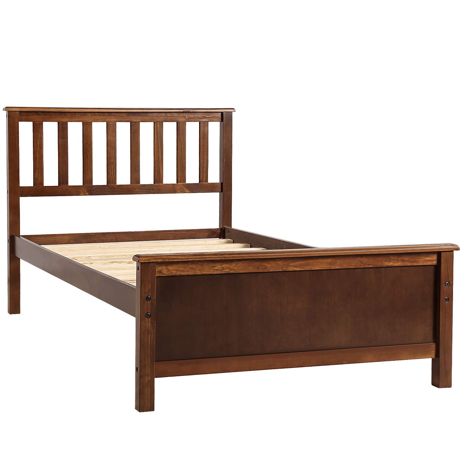 MERITLINE Solid Wood Twin Bed Frame with Headboard & Footboard - No Box Spring Needed, Walnut Finish - Perfect for Kids Rooms, Guest Bedrooms & Small Spaces