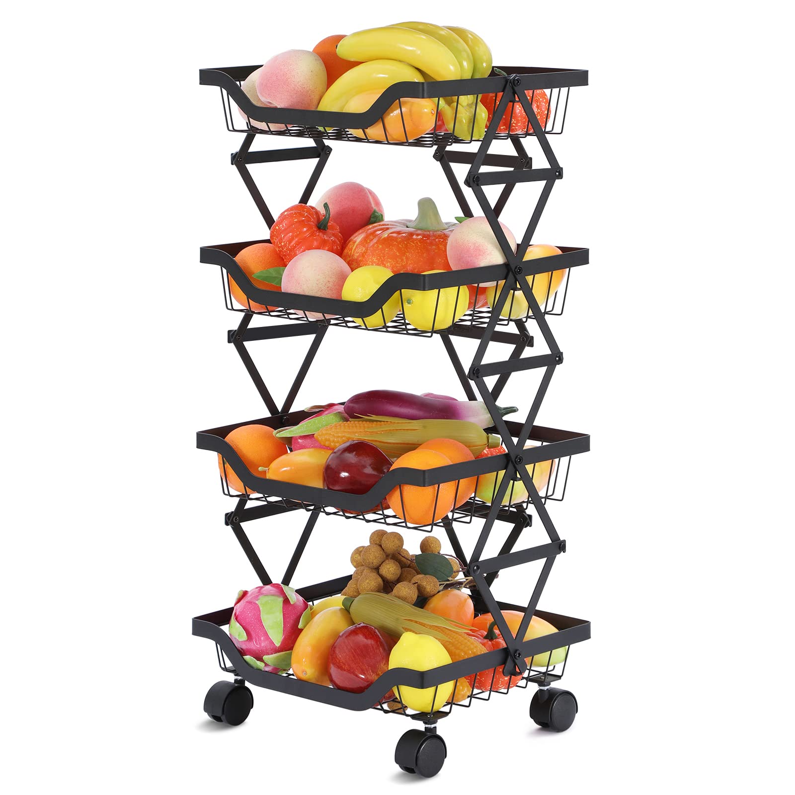 BRIAN & DANY 4-Tier Kitchen Storage Rack for Fruits and Vegetables - Space Saving Organizer Basket for Fresh Produce, Pantry, Countertop - Black (Perfect for Small Kitchens & Refrigerator Organization)