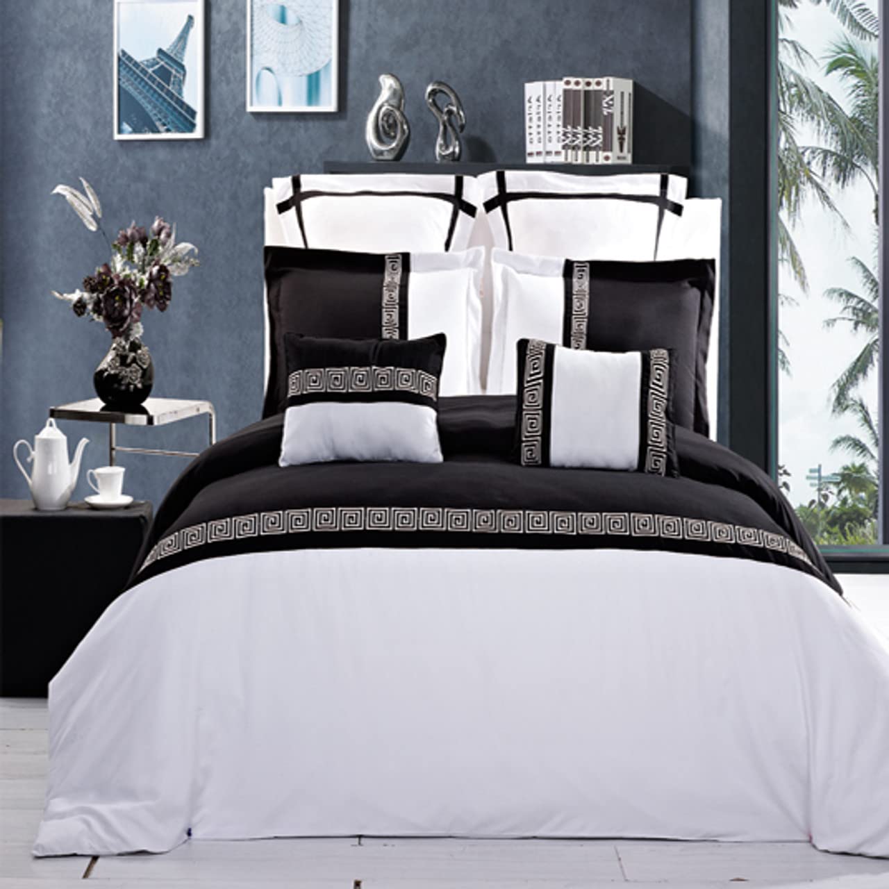 Royal Hotel Luxury 8-Piece Full/Queen Comforter Set - Down Alternative Duvet Insert, Shams, Sheets - Astrid White & Black - Perfect for Bedroom, Guest Room, Airbnb