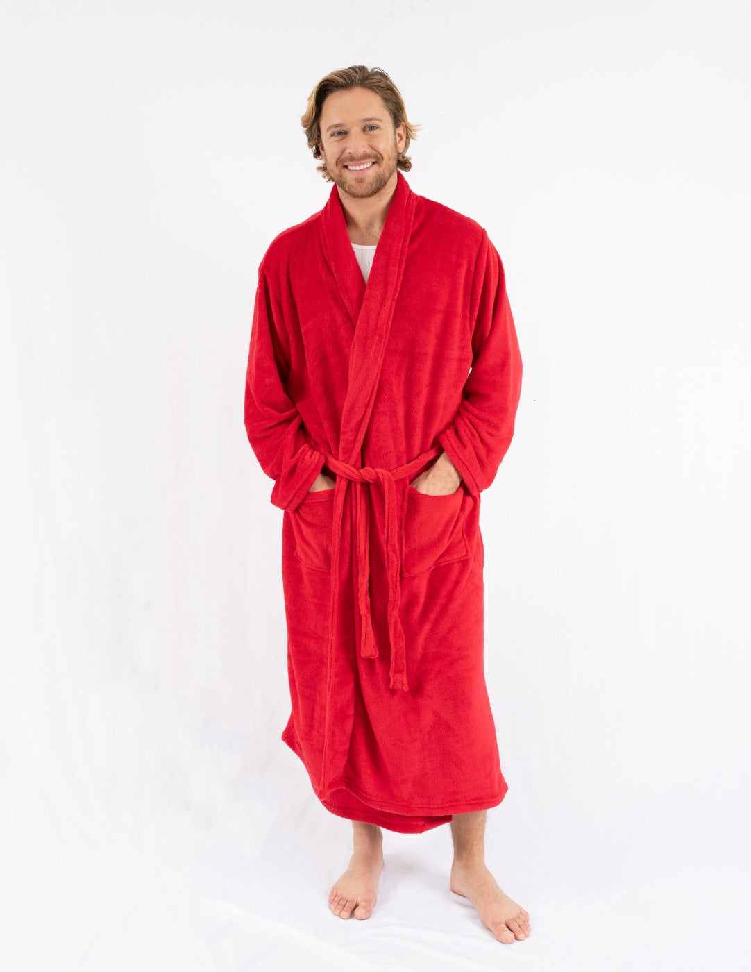 Men's Soft Red Fleece Robe - Cozy Warm Bathrobe for Winter, Lounge Wear & Spa Relaxation at Home