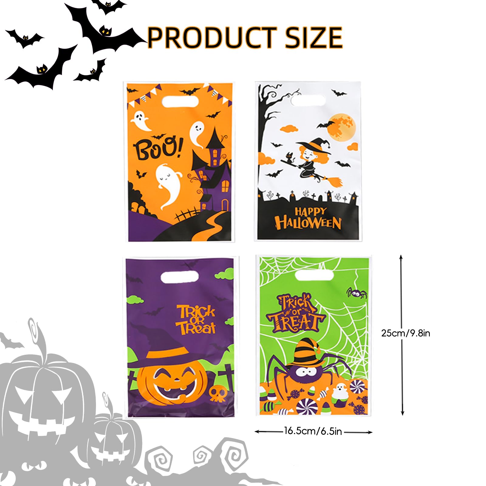 Jocomoni 100Pcs Halloween Goodie Bags with Handles - Plastic Trick or Treat Candy Bags for Halloween Party Favors & Supplies - Perfect for Classroom Treats, Neighborhood Trick-or-Treating & Halloween Events