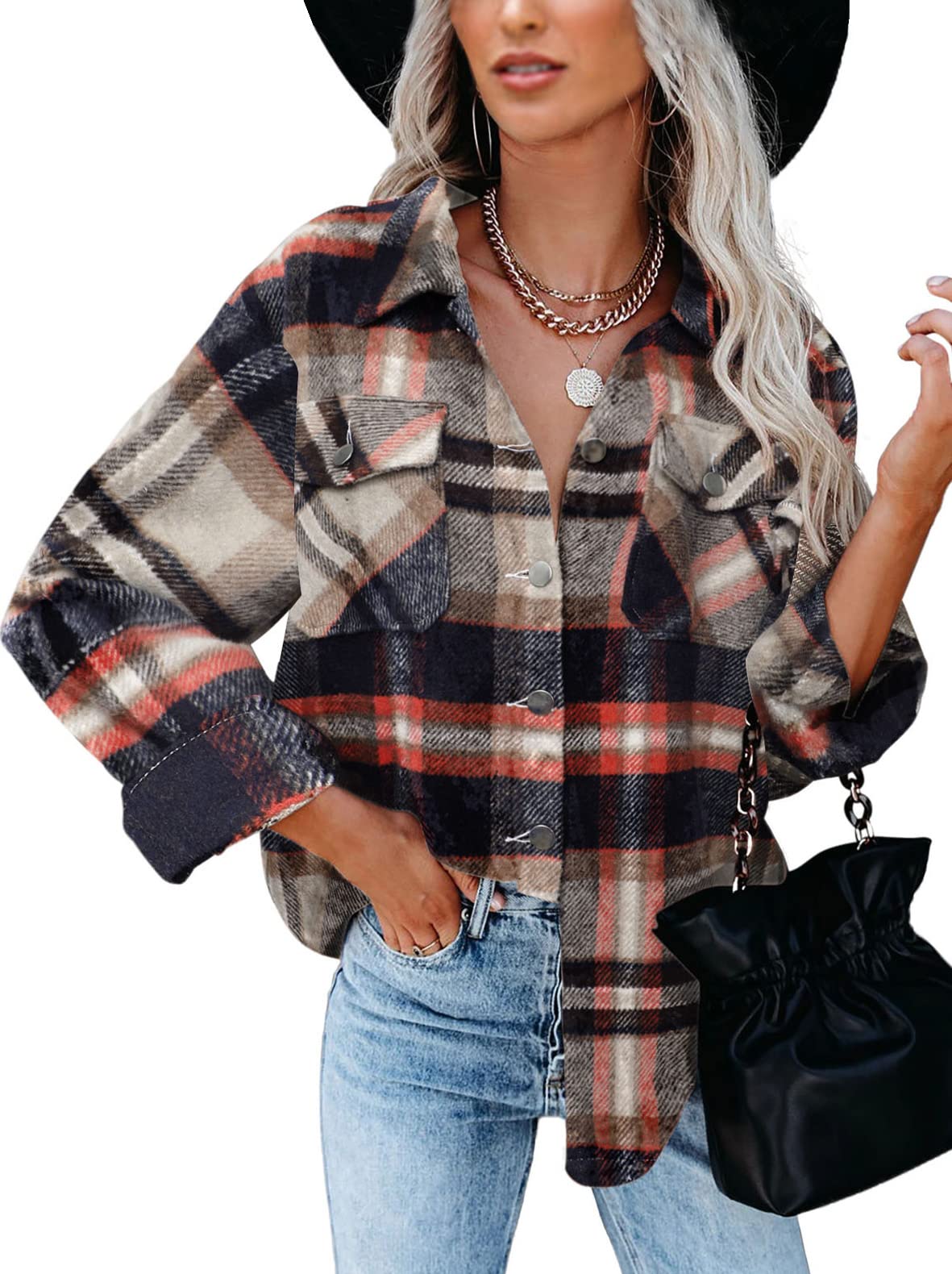 BTFBM Women's Plaid Flannel Shacket - Long Sleeve Button Down Casual Blouse for Fall & Spring | Loose Fit Tops for Work, Outdoor & Layering 2025