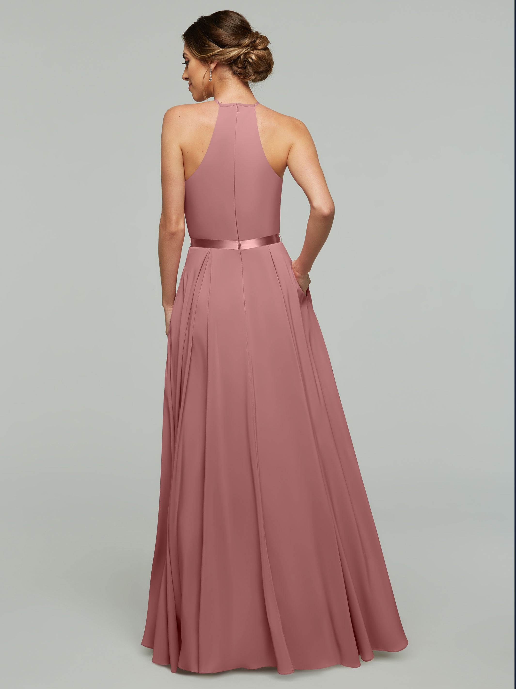Elegant A-Line Stretch Chiffon Bridesmaid Dress with Halter Neckline & Waist Belt - Perfect for Weddings, Formal Events & Special Occasions