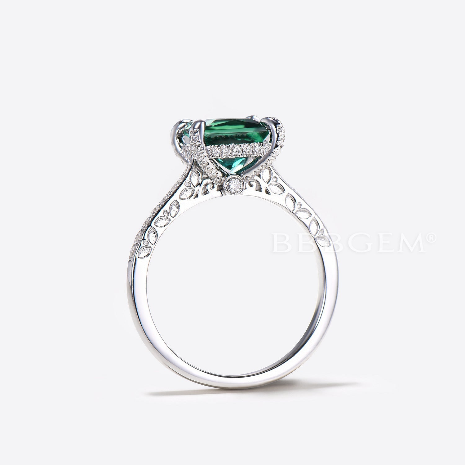 7mm Princess Cut Lab-Created Emerald & Diamond Engagement Ring - Tapered Band Filigree Cathedral Setting for Weddings & Proposals