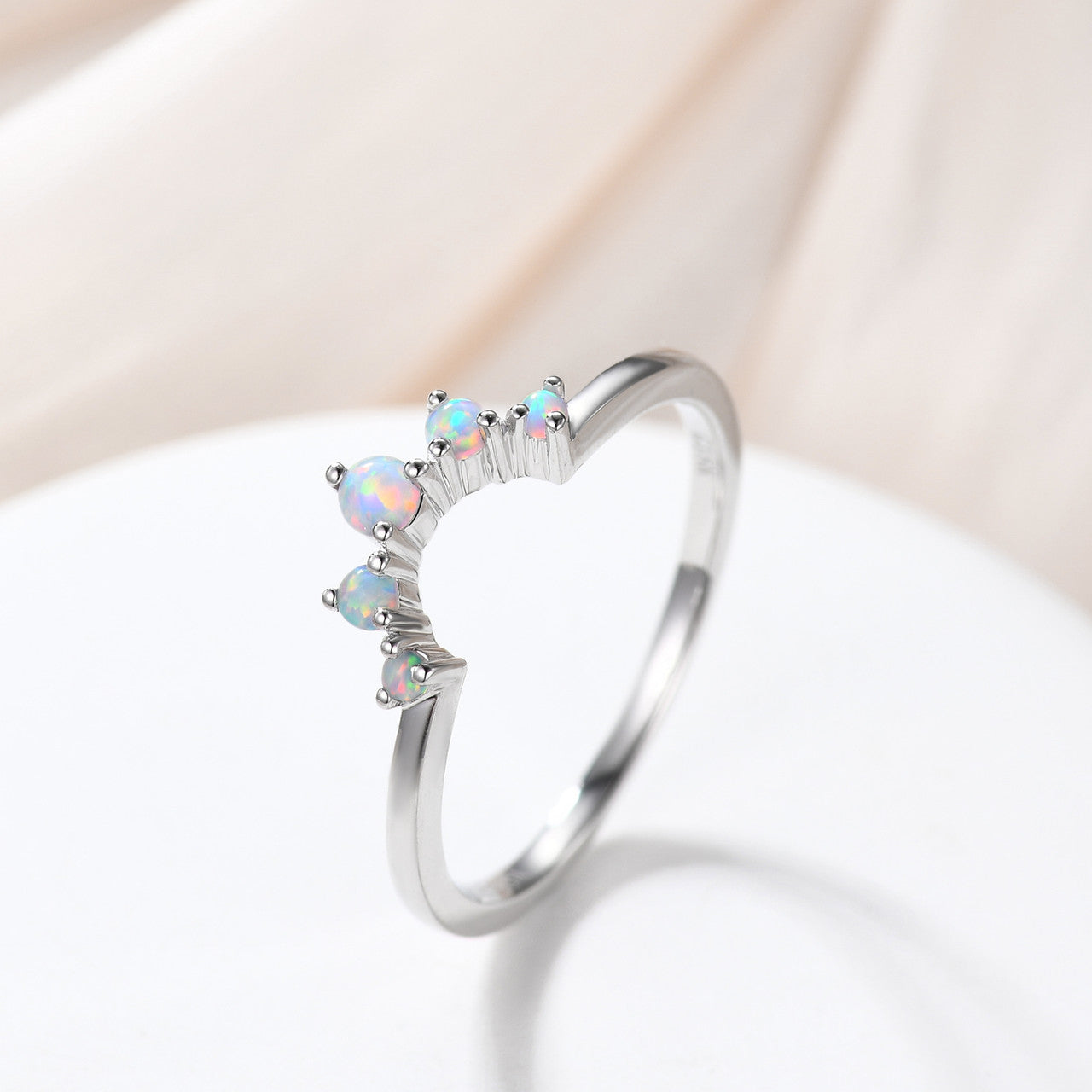 Art Deco 14K Rose Gold Opal Wedding Band - Stackable Curved Bridal Ring Set, Promise Ring for Women, Anniversary Gift for Her - Perfect for Engagement, Wedding, Stacking & Special Occasions