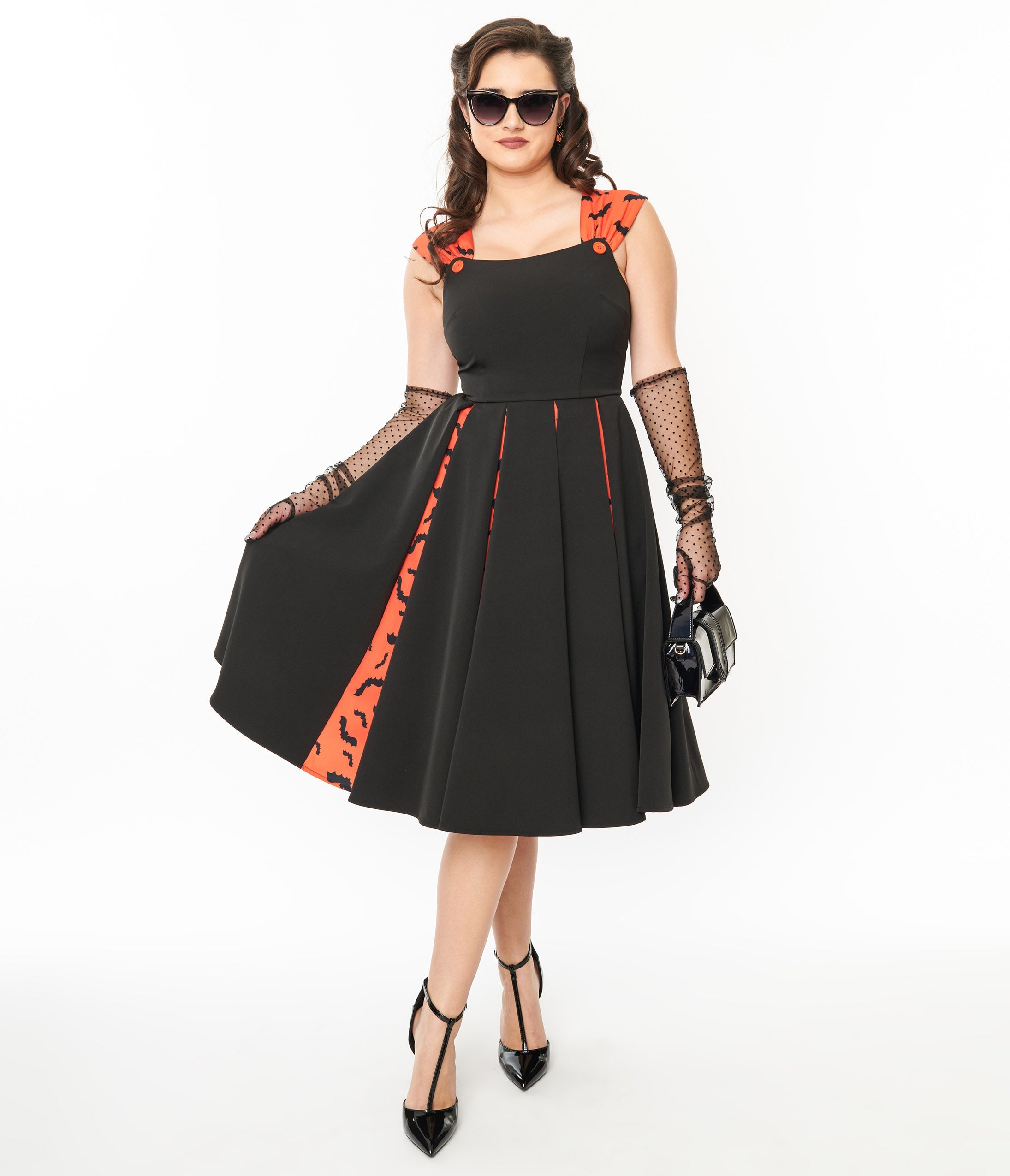 Vintage 1950s Orange & Black Bat Stripe Swing Dress - Retro Halloween Costume, Pinup Style Party Dress for Women, Perfect for Halloween Parties, Swing Dancing & 50s Themed Events
