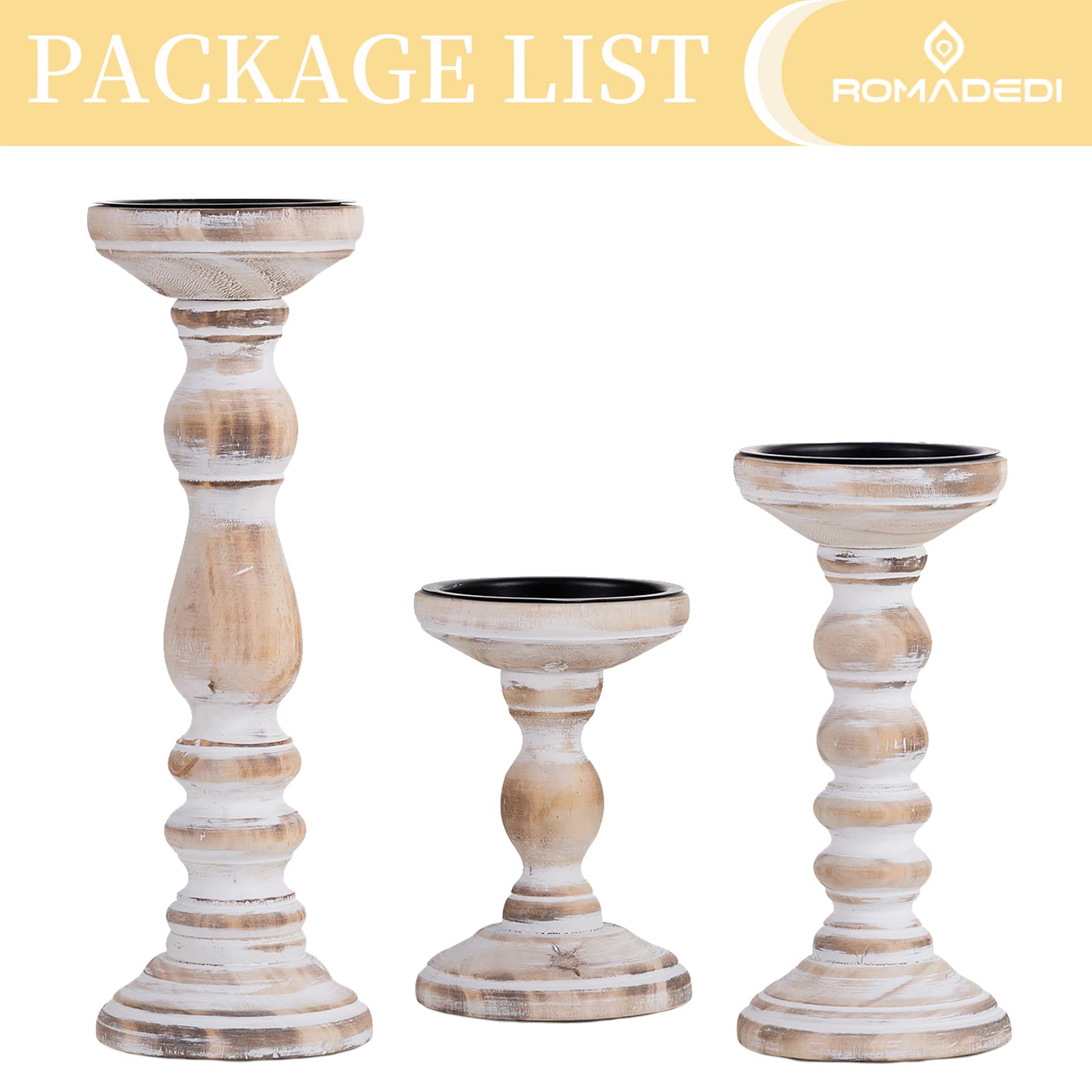 Romadedi Set of 3 Wooden Candle Holders for Pillar Candles - Rustic Farmhouse Style Candlestick Stand (6”, 8.3”, 12”) - Whitewashed Wood Candle Stand for Fireplace, Mantle, End Table, Shelf - Perfect for Home Decor, Wedding Centerpieces & Cozy Ambiance
