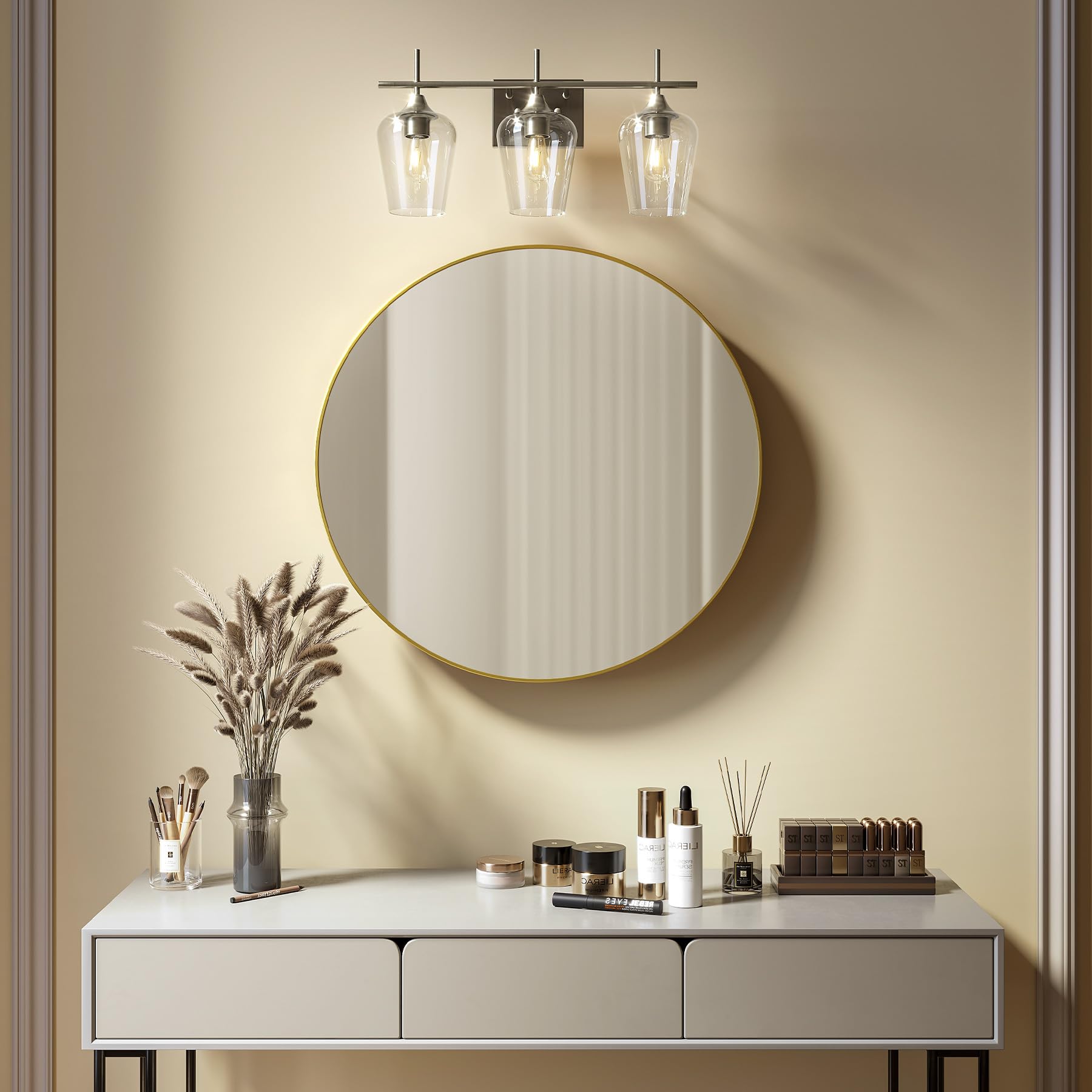 VONLUCE 3-Light Bathroom Vanity Light Fixture - Modern Brushed Nickel Wall Sconce with Clear Glass Shades for Mirror Lighting - Perfect for Bathroom, Bedroom, Hallway & Dressing Room Décor