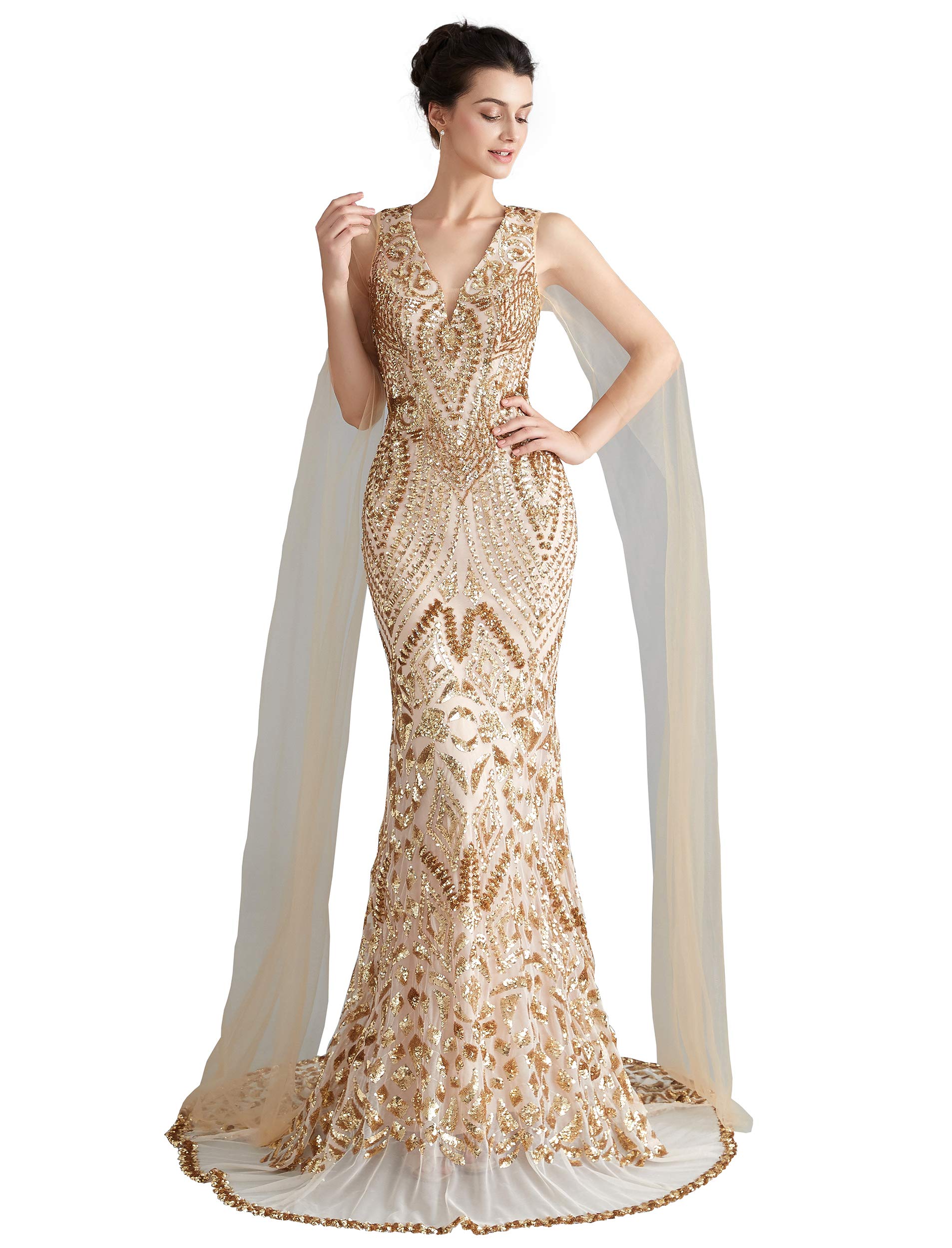 Sparkling Women's V-Neck Sequin Mermaid Evening Dress with Sheer Sleeves - Perfect for Prom, Gala, Wedding & Formal Events