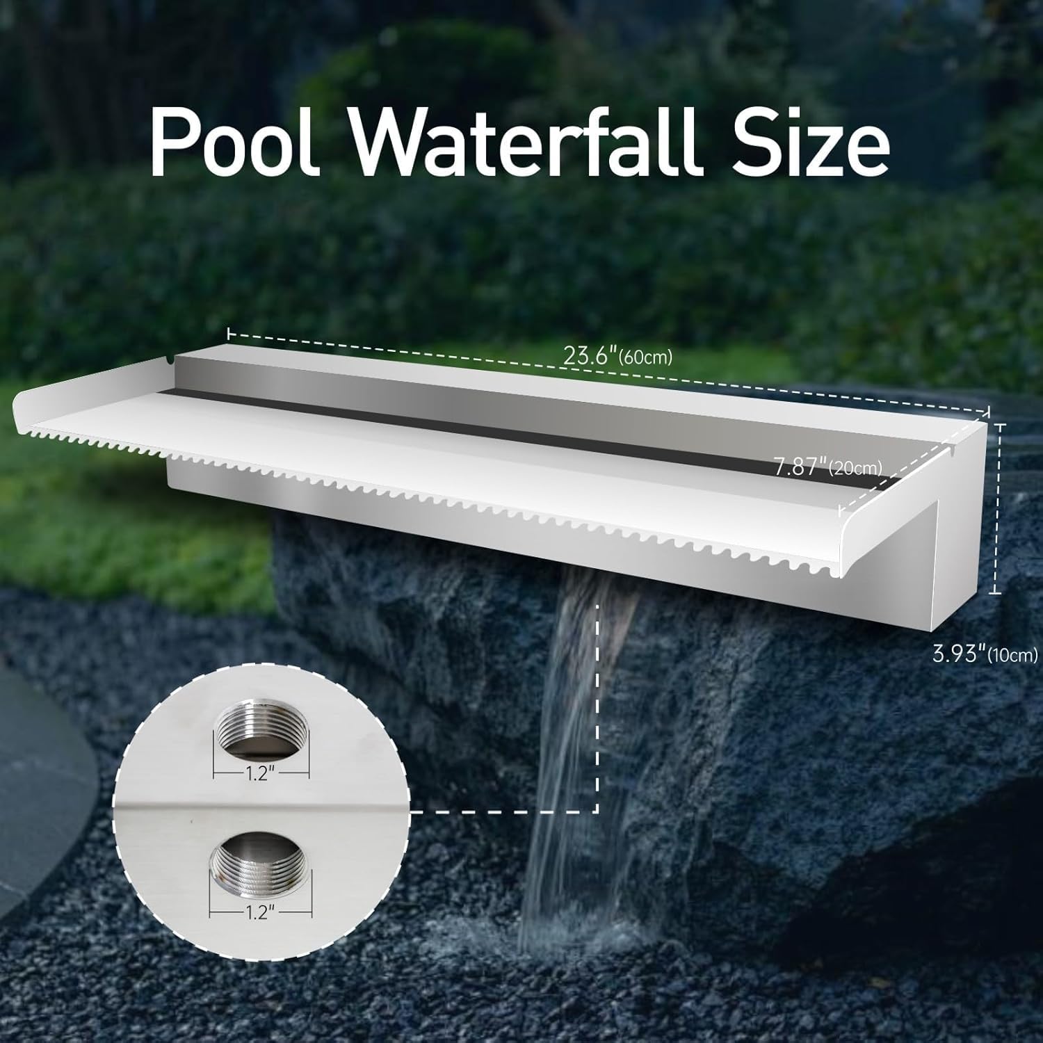 Stainless Steel Pool Fountain & Pond Waterfall Spillway Kit - 24 Inch Outdoor Water Feature for Garden, Patio, Backyard Koi Pond - No LED Light - Perfect for Landscaping & Relaxing Water Decor