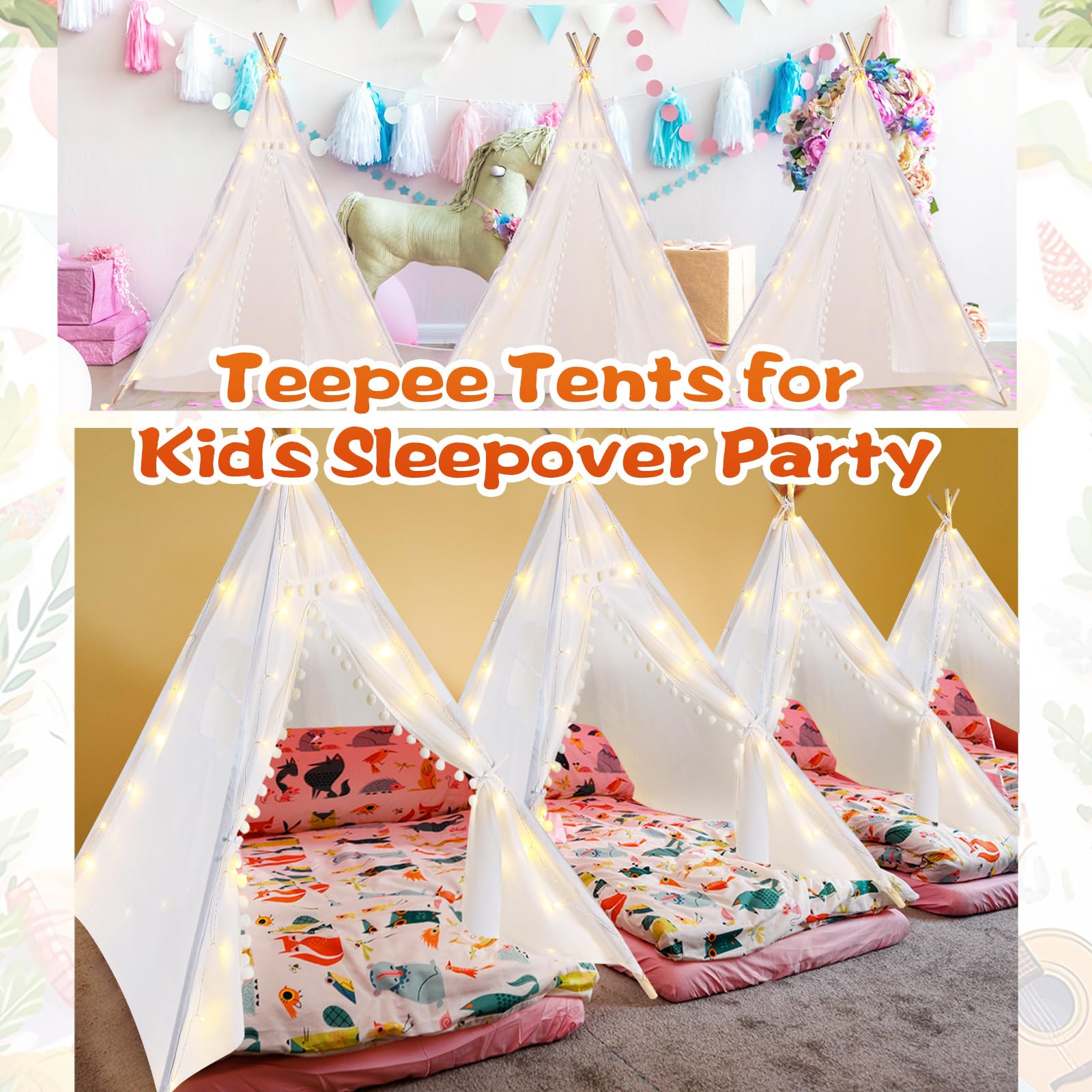 Windyun 12-Pack Kids Teepee Tent with LED Lights - Foldable & Washable Boho Play Tent for Indoor/Outdoor Use | Perfect for Girls & Boys Sleepovers, Birthday Parties, Slumber Parties & Imaginative Play