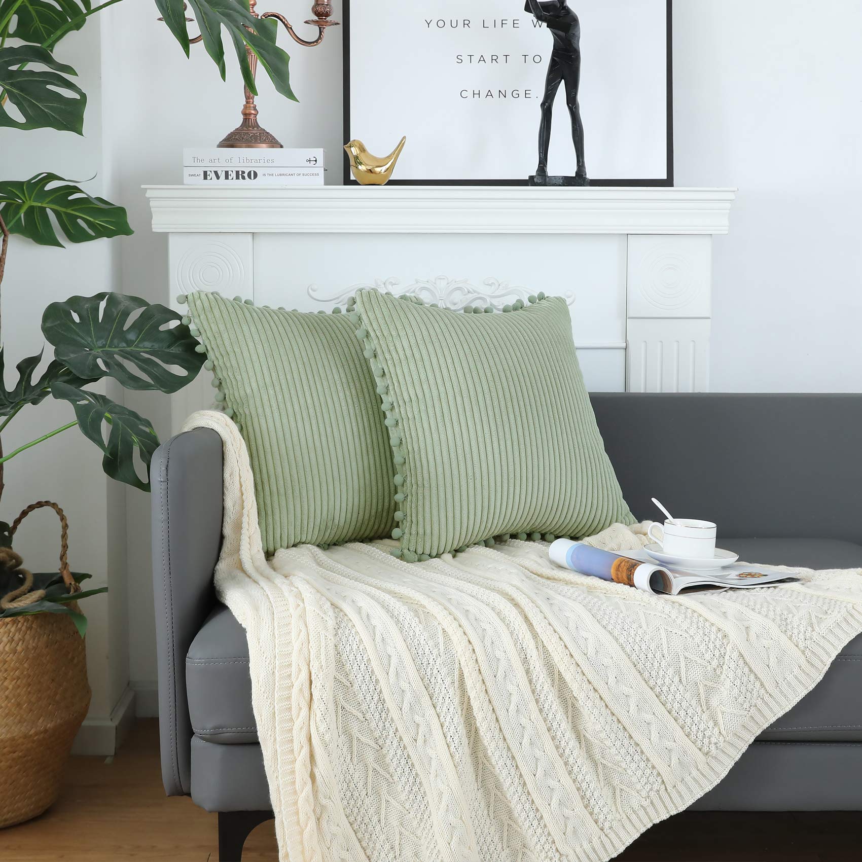 Sage Green Boho Throw Pillow Covers 20x20 Inch - Soft Striped Farmhouse Decorative Cushion Covers with Pom Poms - Set of 2 for Couch, Sofa, Bed, Chair & Outdoor Use - Perfect for Living Room, Patio & Home Decor