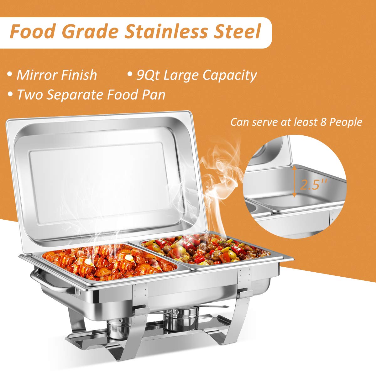 Giantex 2-Pack 9 Qt Stainless Steel Chafing Dishes with Removable Lids & Frame Stand - Buffet Serving Pans with Water Pan & Fuel Holders for Catering, Parties, Weddings & Events - Perfect for Keeping Food Warm at Buffets, Banquets & Outdoor Gatherings