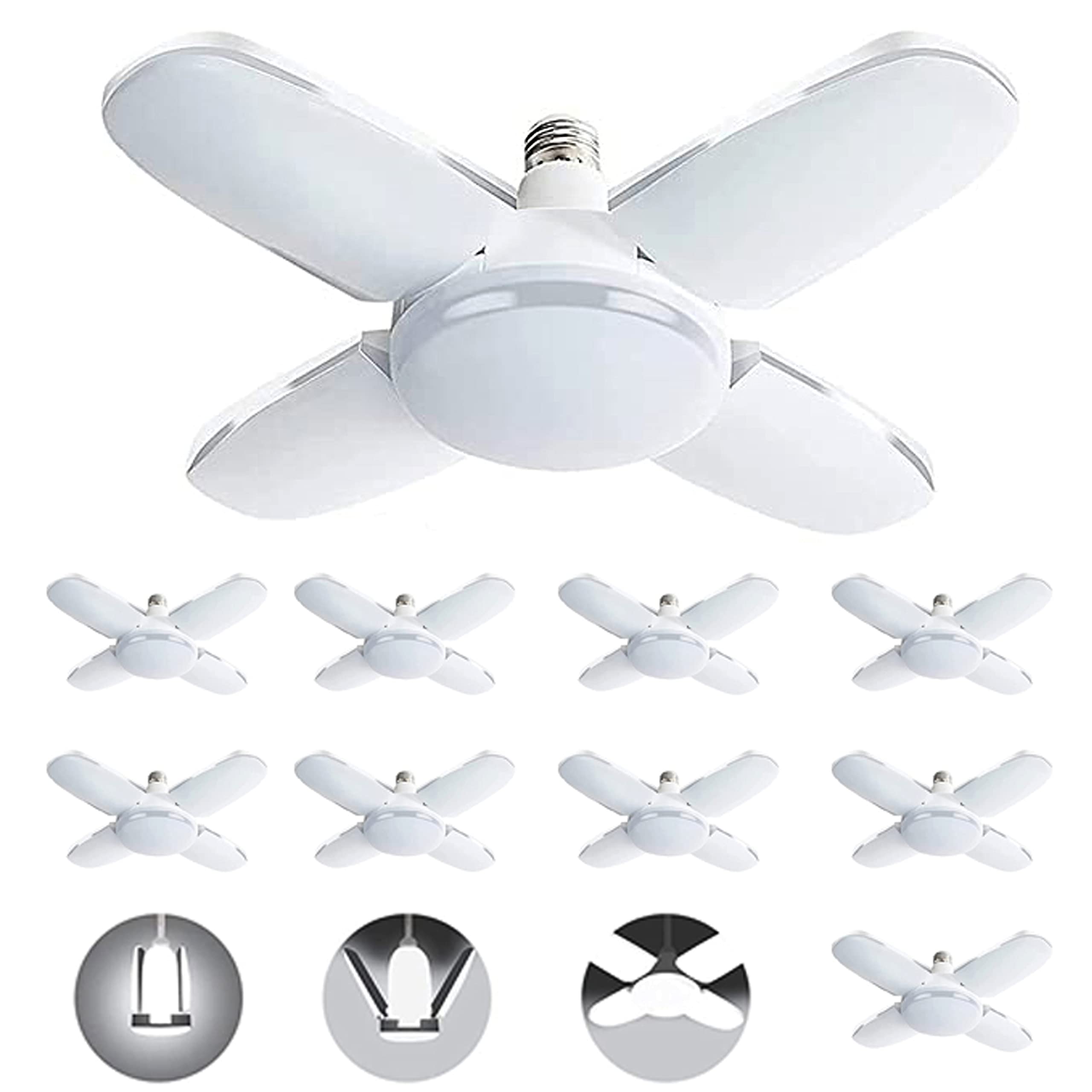 10 Pack LED Garage Lights, 60W E27 6000LM Adjustable Ceiling Light with 4 Panels, 6500K Cool White - Perfect for Garage, Warehouse, Workshop & Basement Lighting
